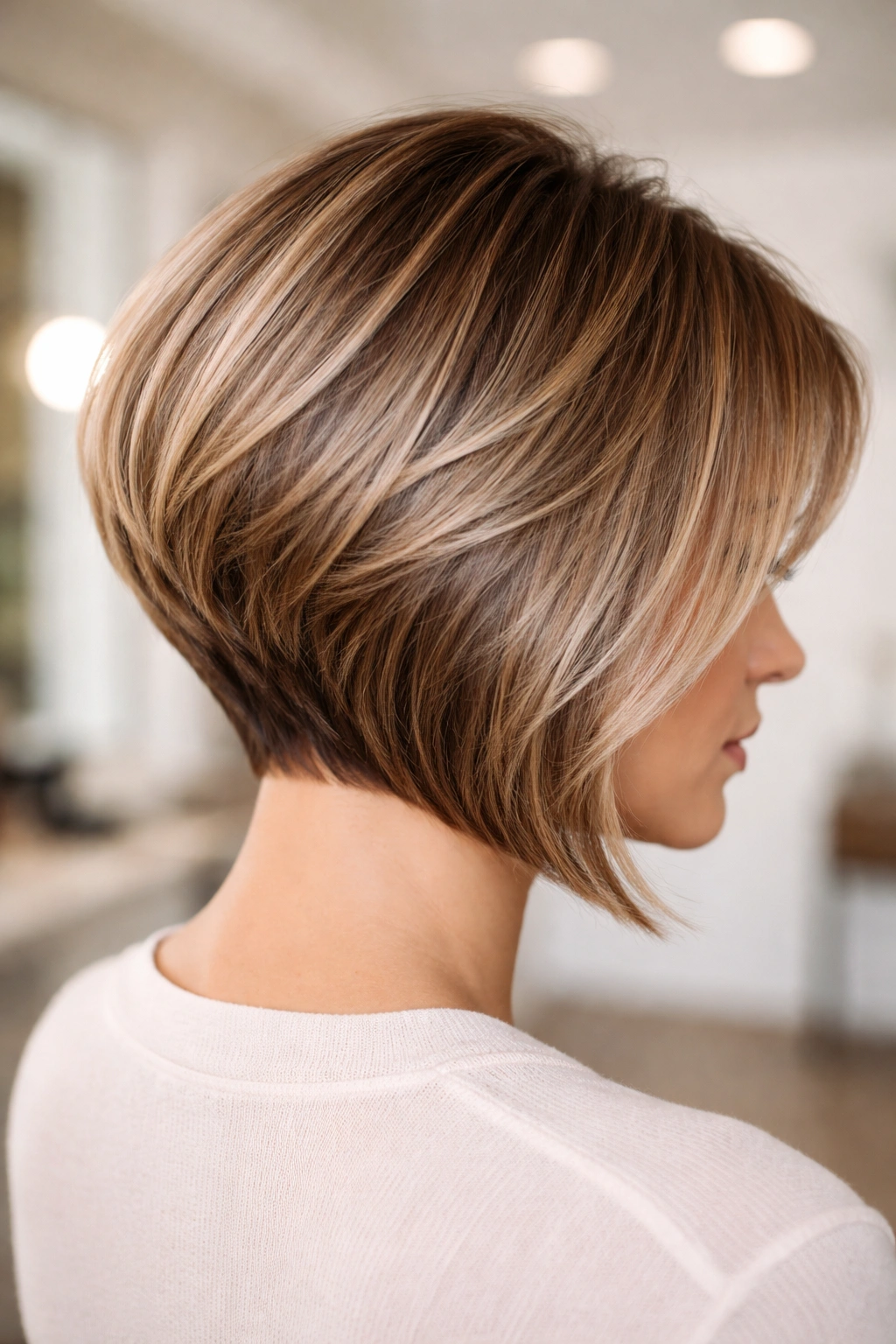 Back view of a stacked inverted bob showing prominent crown layers