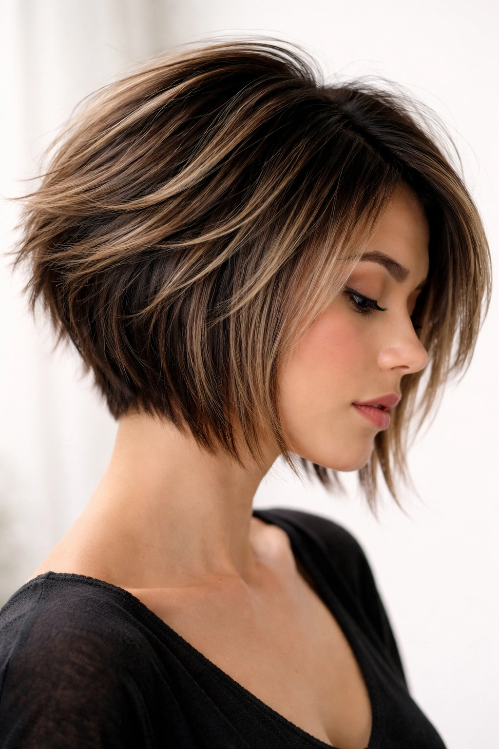 12 Edgy Bob Cuts For Women Who Love Bold Hair 12 Portrait of a person with stacked layered textured bob showing crown volume and movement.