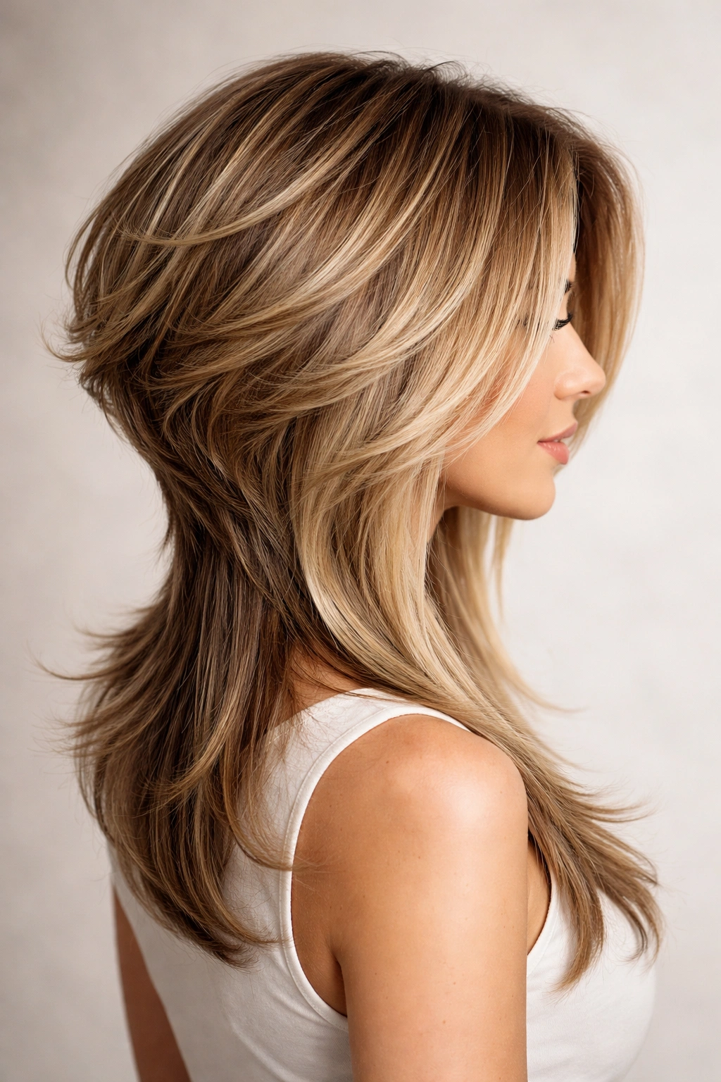 Hair with short stacked back and long front layers framing the face.