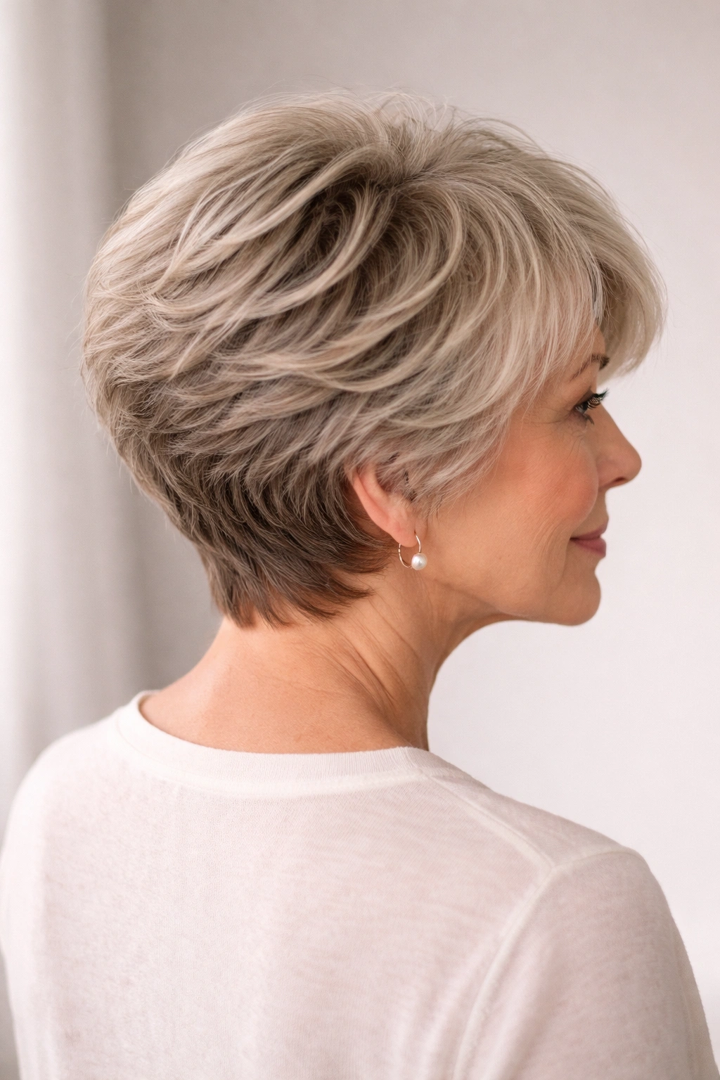 15 Gorgeous Hairstyles For Women Over 65 14 Back view of a mature woman displaying stacked crown layers for volume.