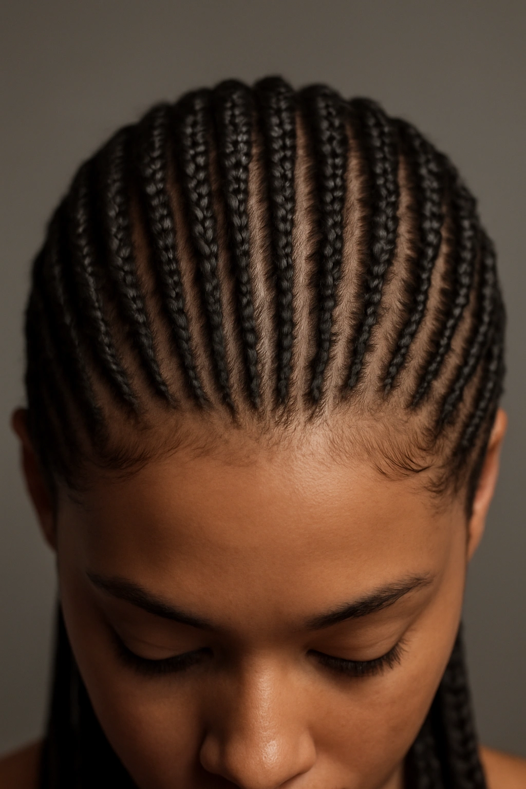 Close-up of stacked micro braids forming 3D ridges on the scalp