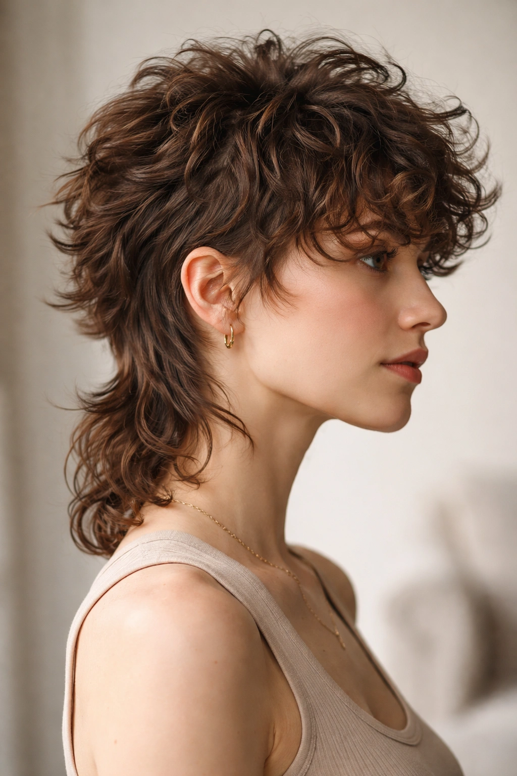12 Short Haircuts With Curly Bangs You Ll Love 3 Side-profile of stacked pixie-mullet with sweeping curly bangs