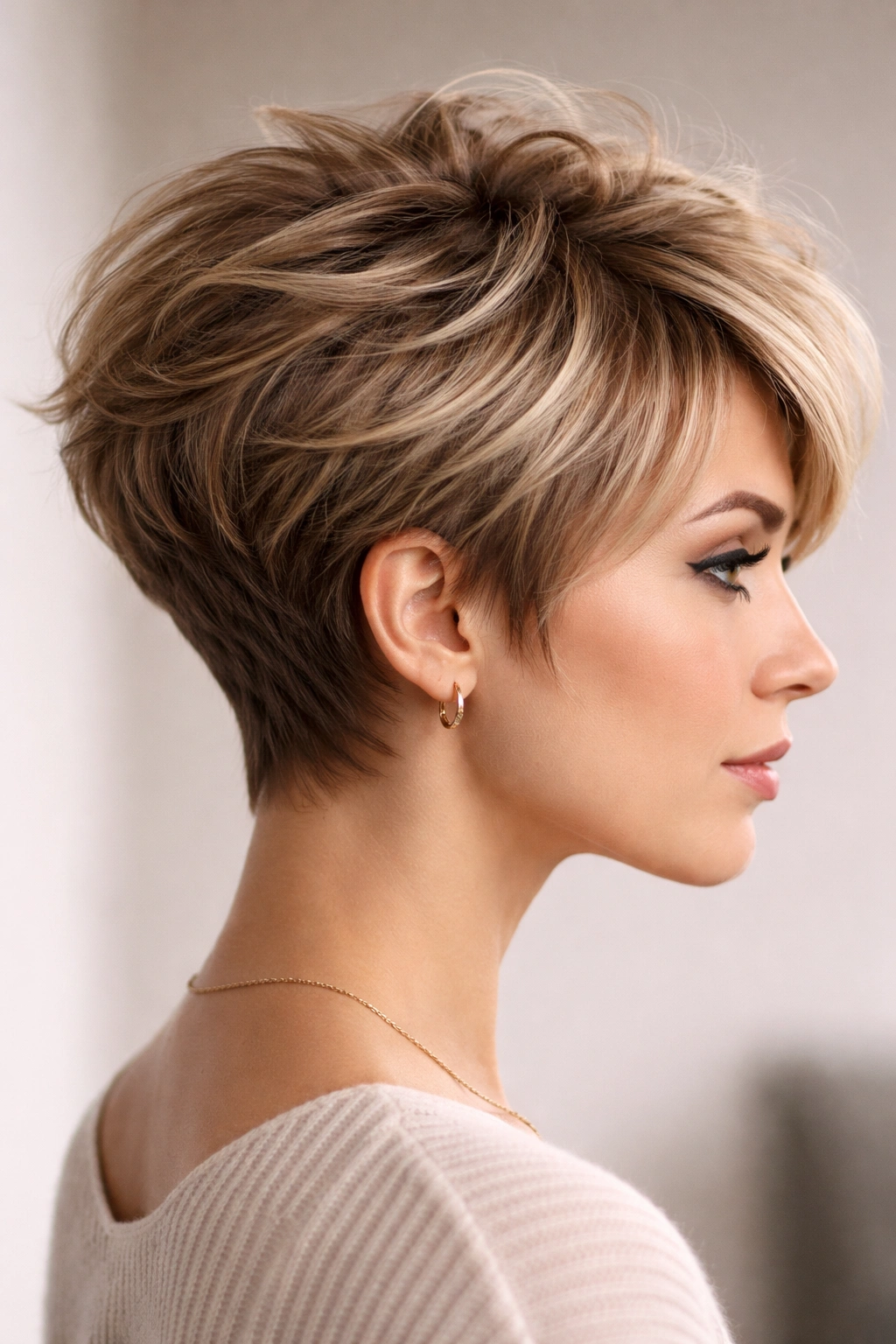 Profile view of stacked textured pixie with crown lift and layered back