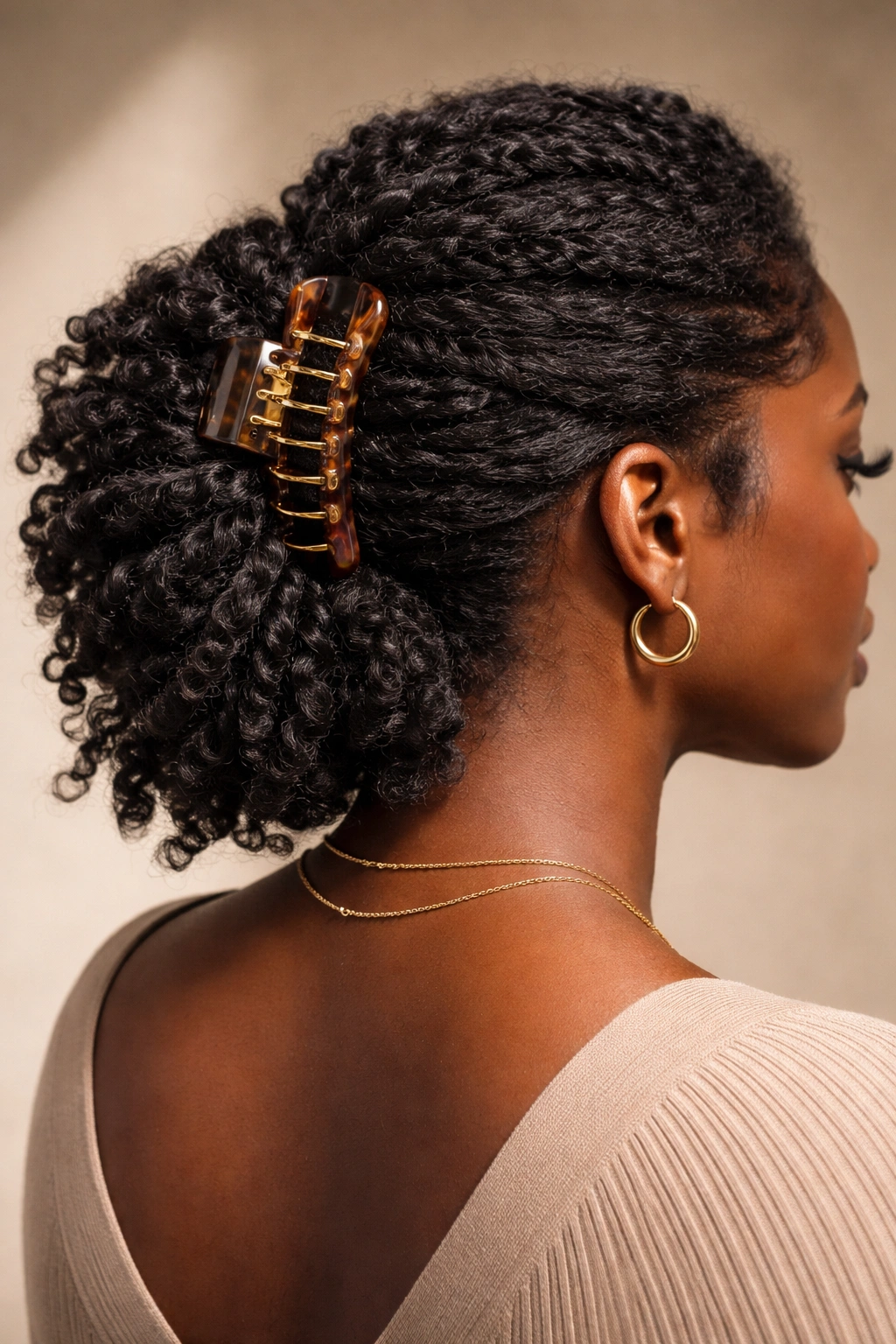 Hair gathered and stacked with a claw clip creating a sculptural texture