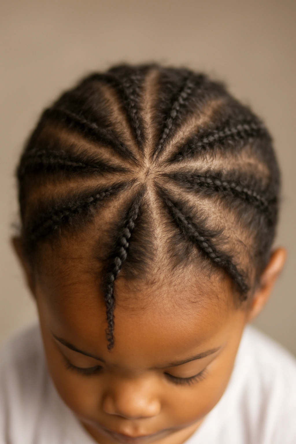 15 Adorable Natural Hair Braids for Toddlers 7 Close-up of a toddler's crown with radiating starburst braids