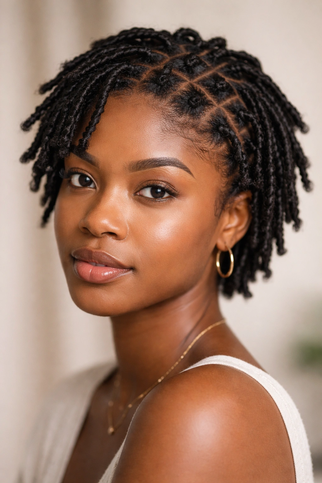 Close-up of a person with short starter locs and natural hair texture