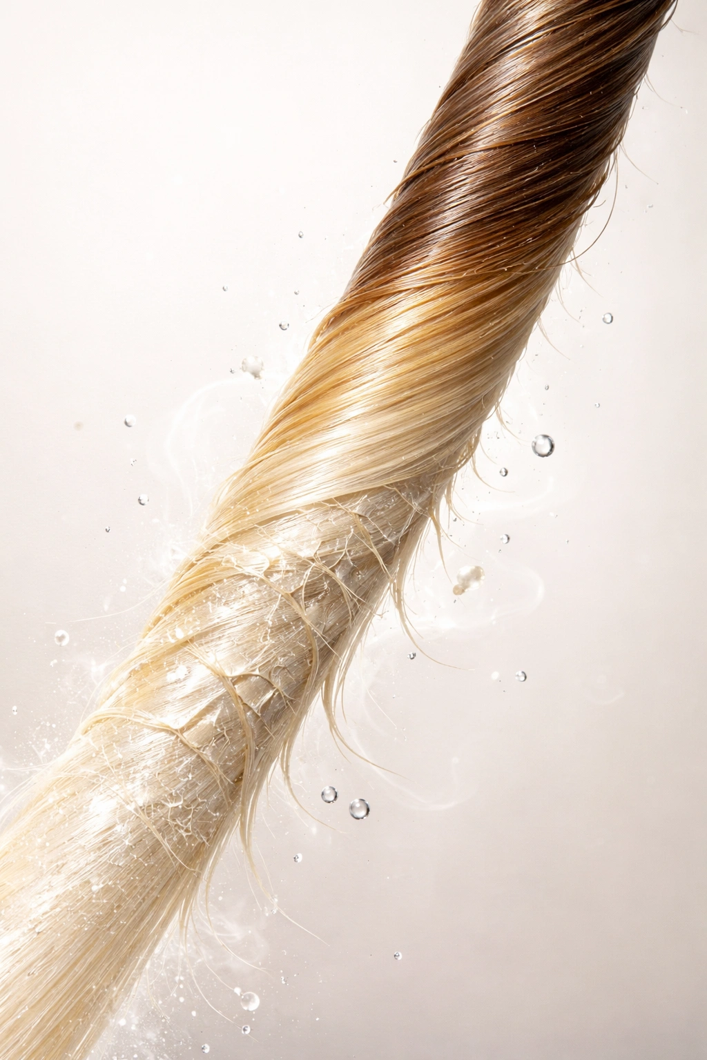 Hair strand showing color and texture differences suggesting varying bleach damage factors
