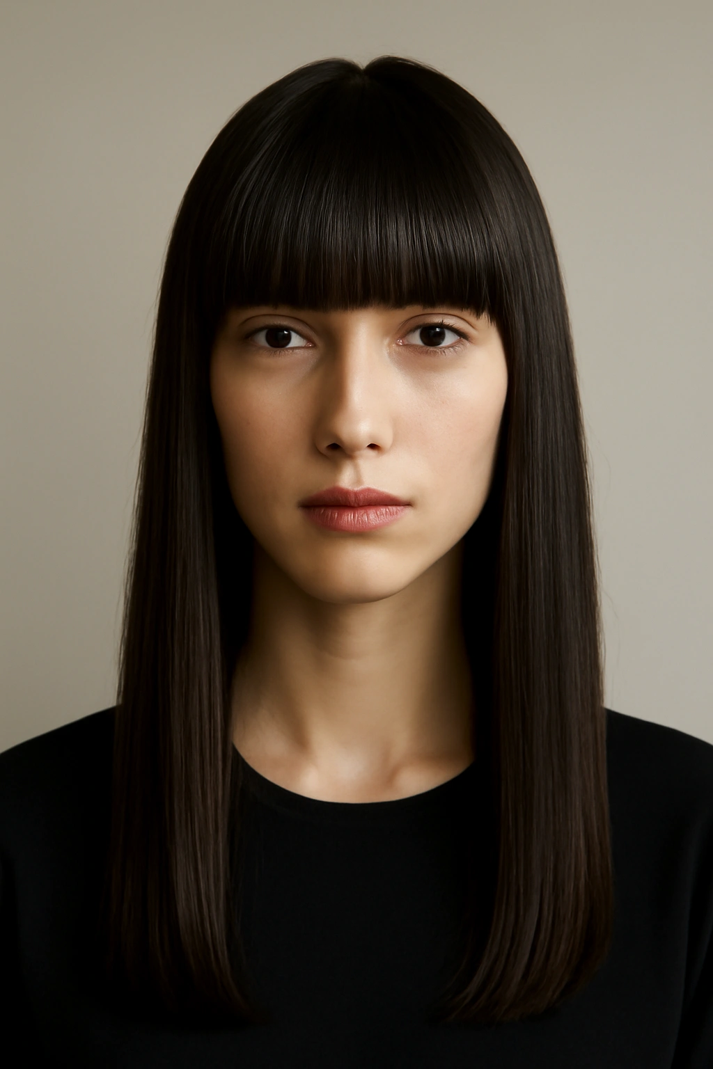 Blunt statement bangs with minimalist straight hair in a head-and-shoulders portrait