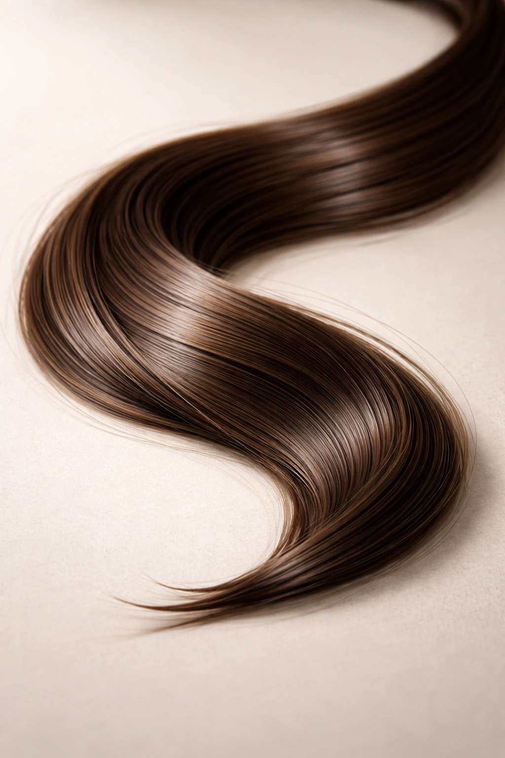 Glossy static-free hair strand on a neutral surface.