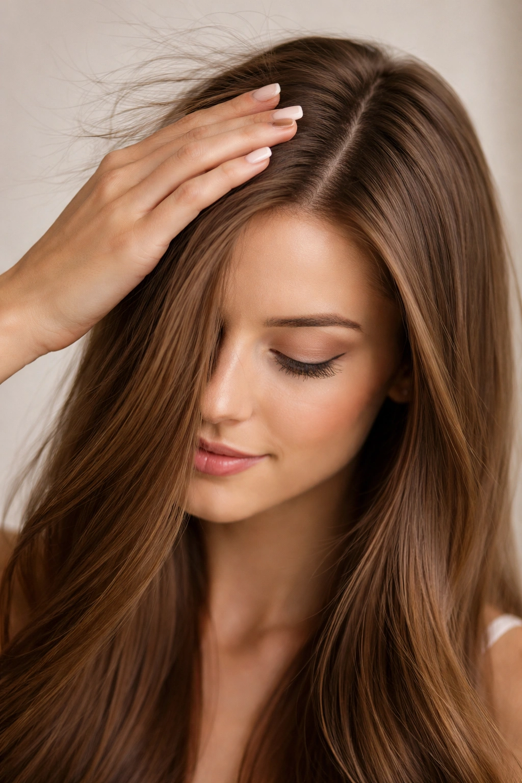 Hand smoothing flyaway hair to tame static