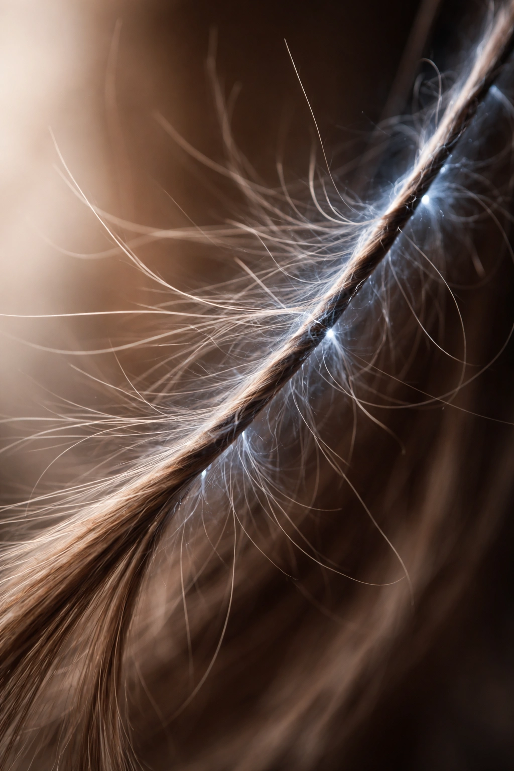 Macro close-up of a single hair strand with flyaways and a subtle static glow against a neutral background.