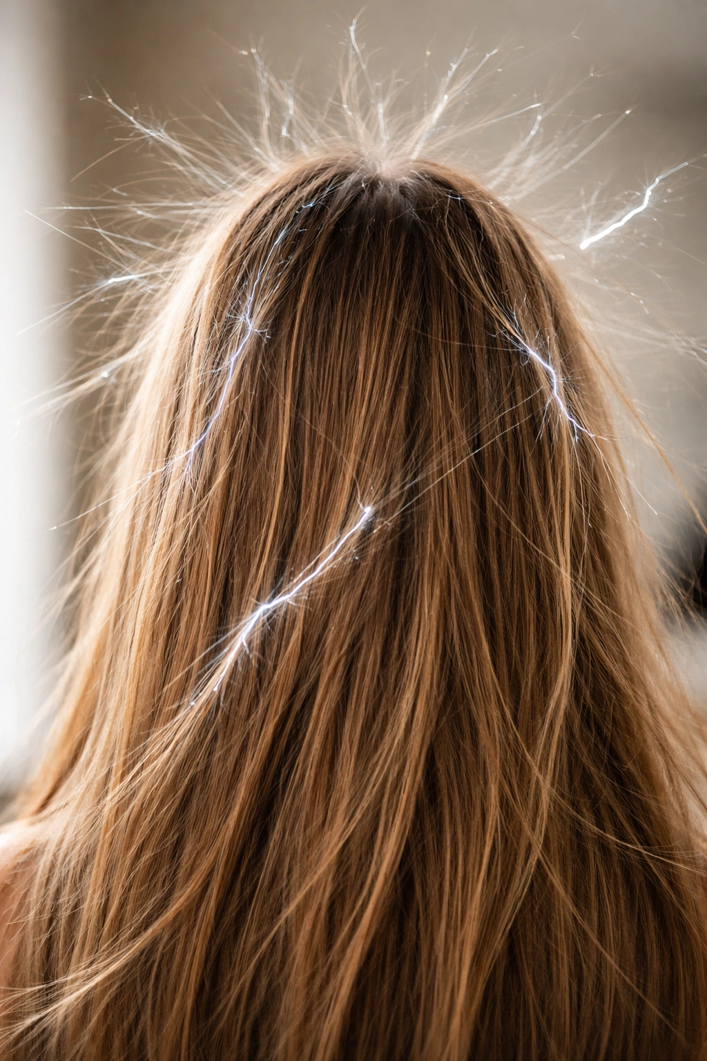 Close-up of static hair with flyaways on a neutral backdrop