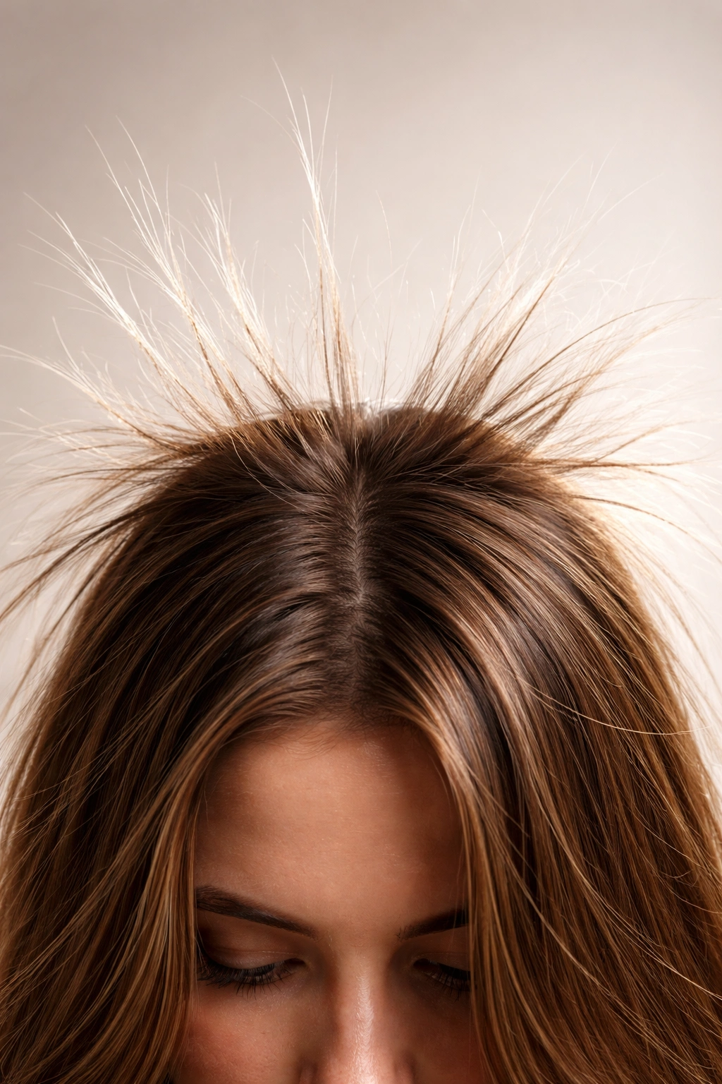 Static hair flyaways contrasted with smoother hair areas