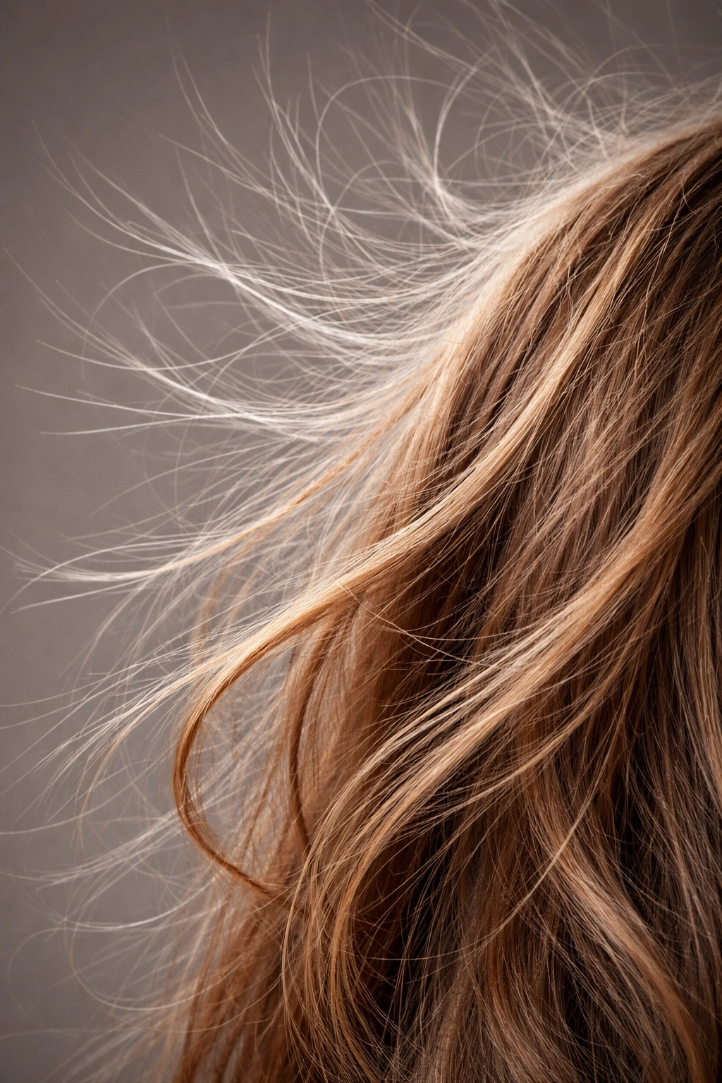 Close-up of hair with static flyaways, strands standing up