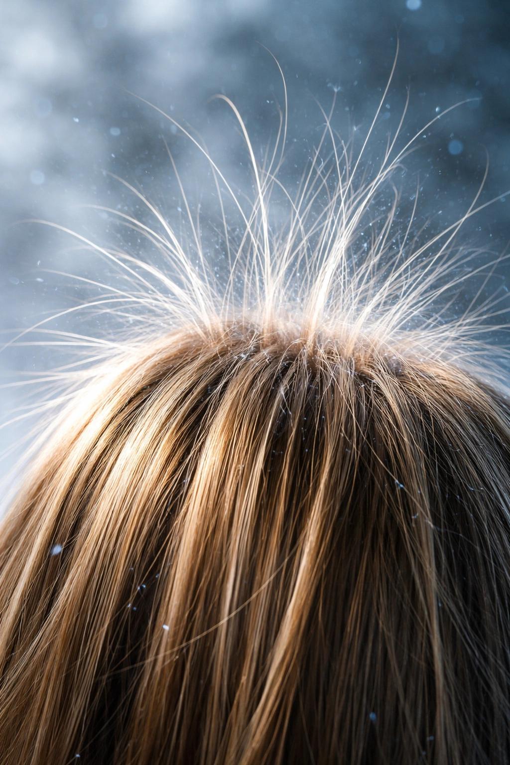 Hair with many flyaways standing up in cool lighting