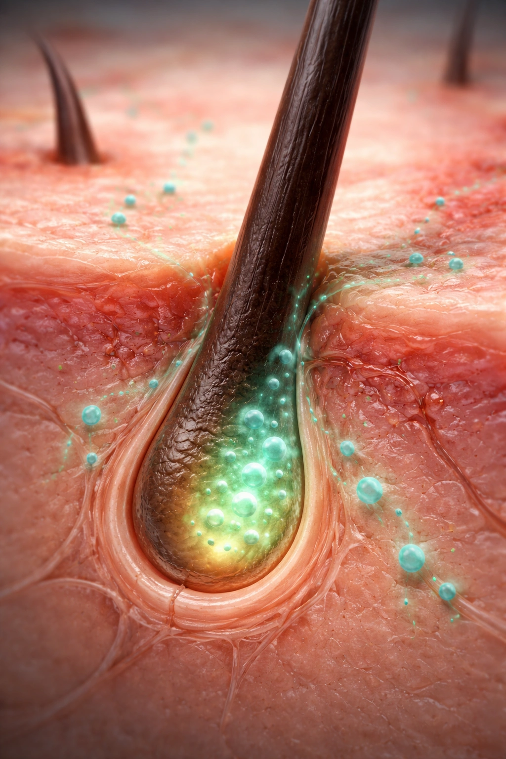 Macro of hair follicle bulge in skin indicating regeneration potential
