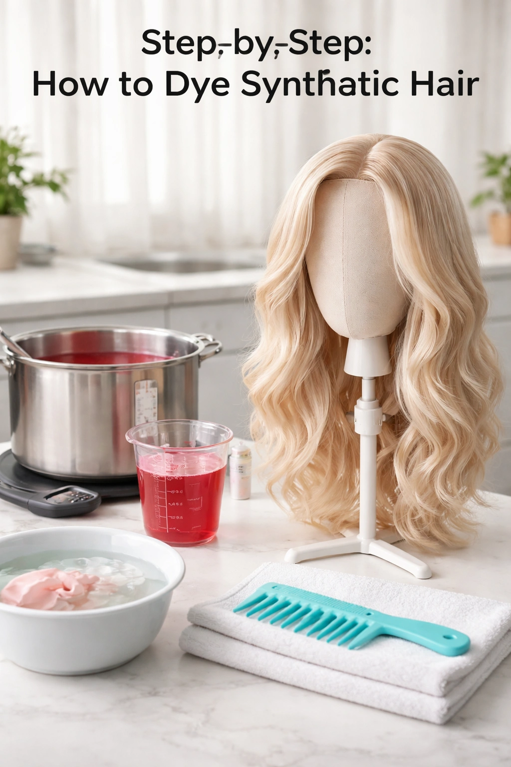 Dyeing setup with wig, pot, measuring cup and comb arranged neatly