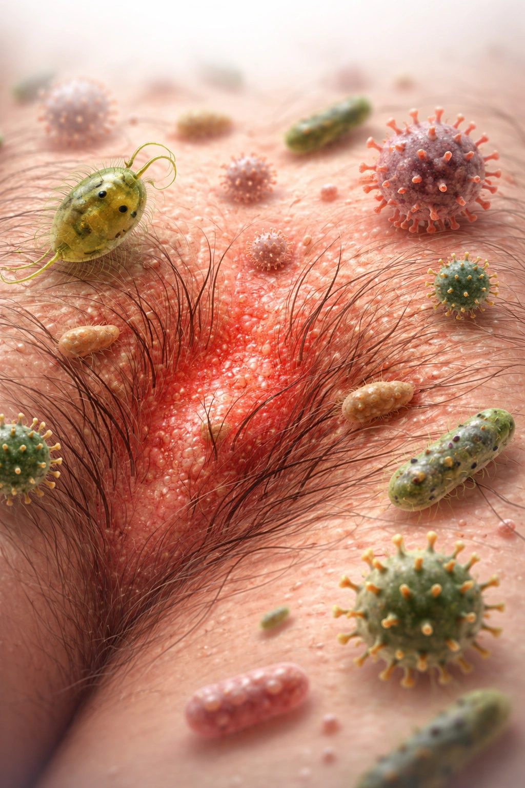 Abstract medical illustration of pubic-area infection indicating STIs