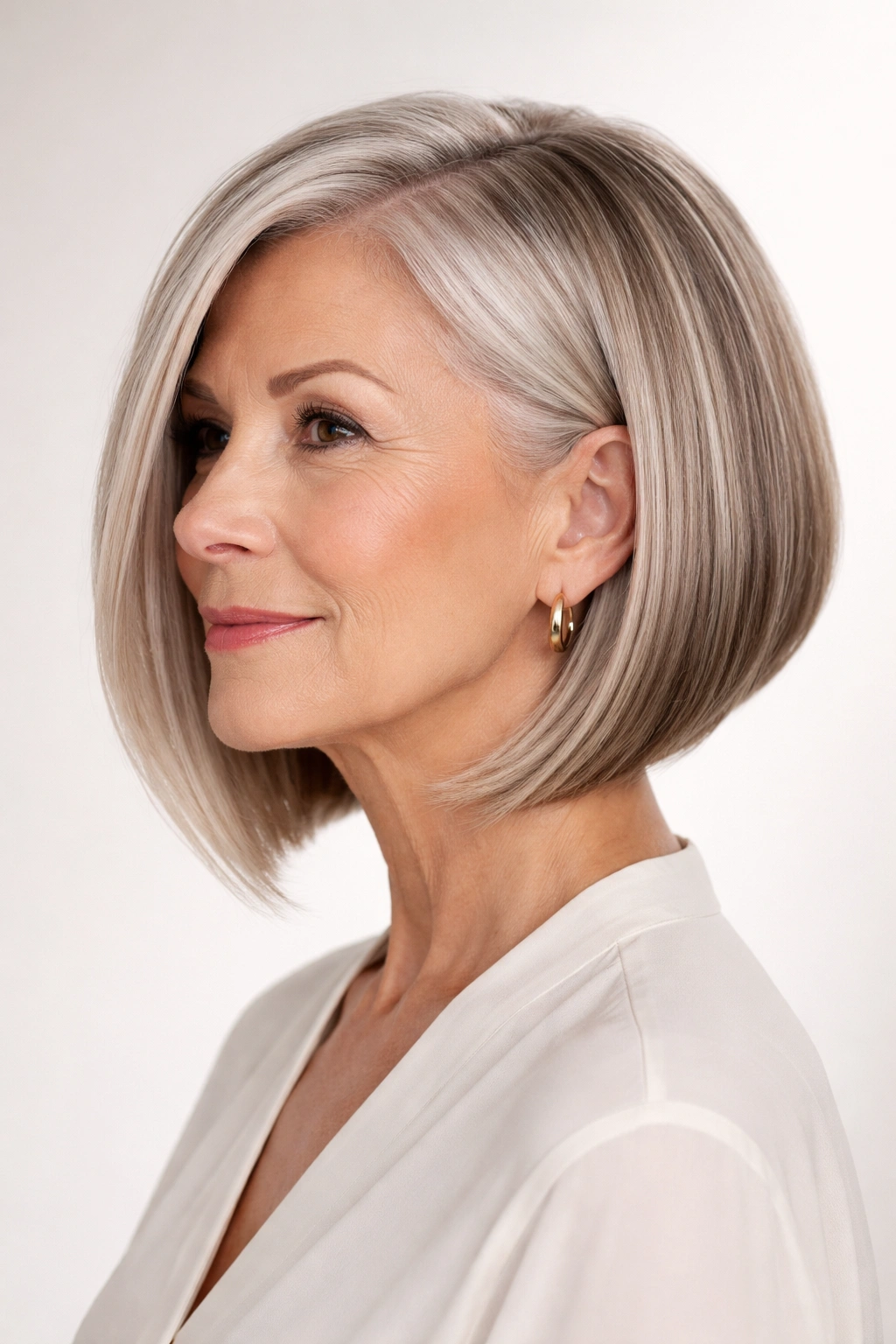 Straight A-line bob on mature hair with sharp angle
