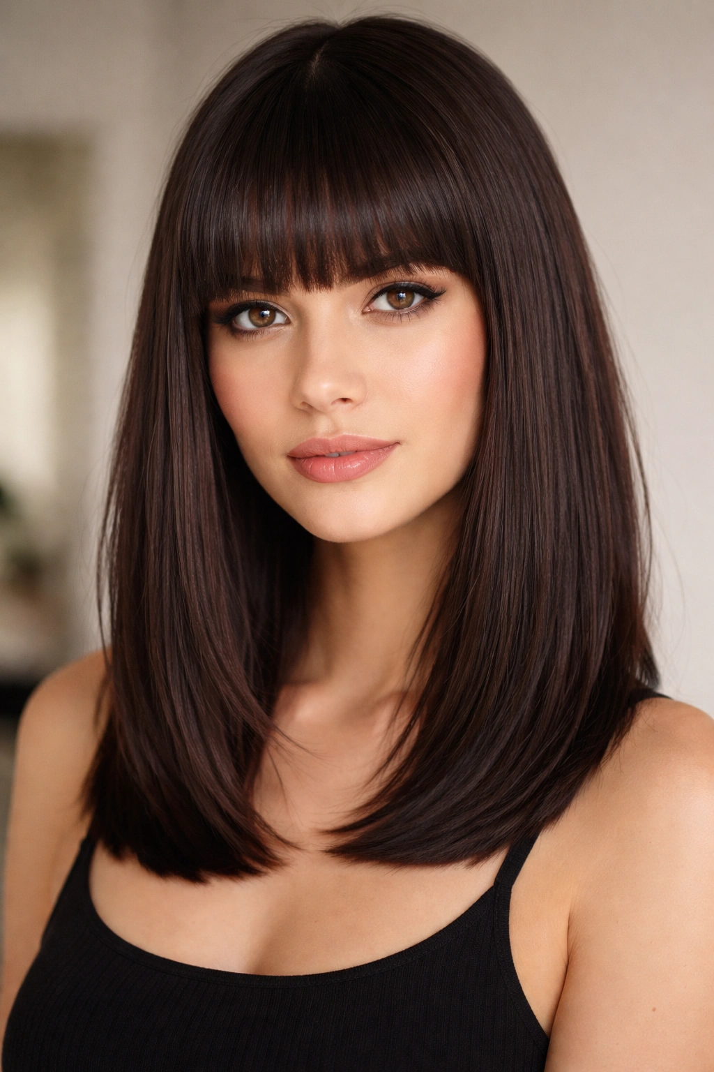 20 Shoulder Length Haircuts For Every Hair Type 5 Face-framing straight-across bangs with shoulder-length hair