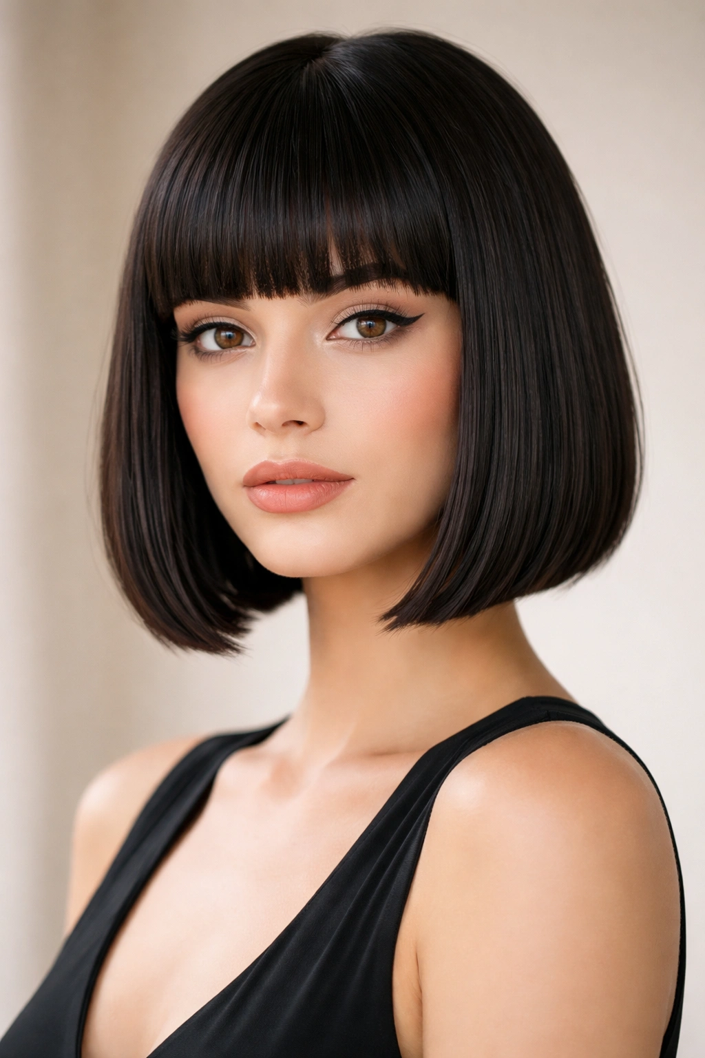 10 Sleek Bob Haircuts Made For Straight Hair 5 Frontal view of straight-across bangs with a bob creating a graphic look