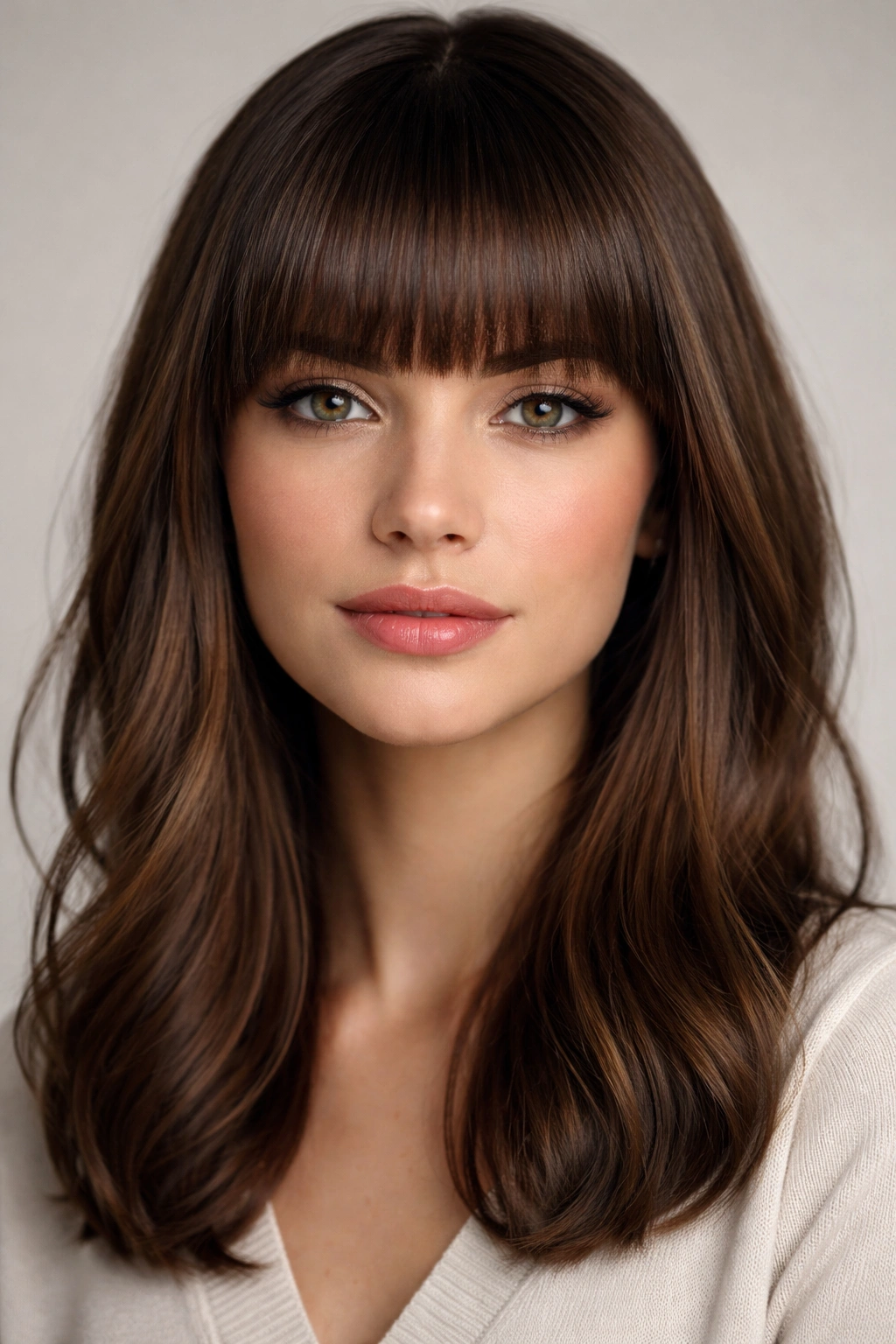 Close-up of straight-across bangs on medium-length hair with precise horizontal fringe in studio lighting