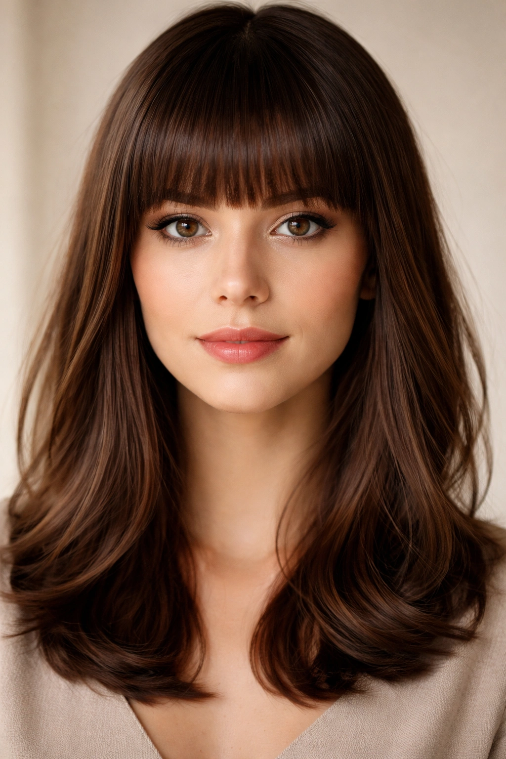 18 Bangs To Try With Medium Length Hair 7 Close-up of straight-across bangs at eyebrow length on medium-length hair