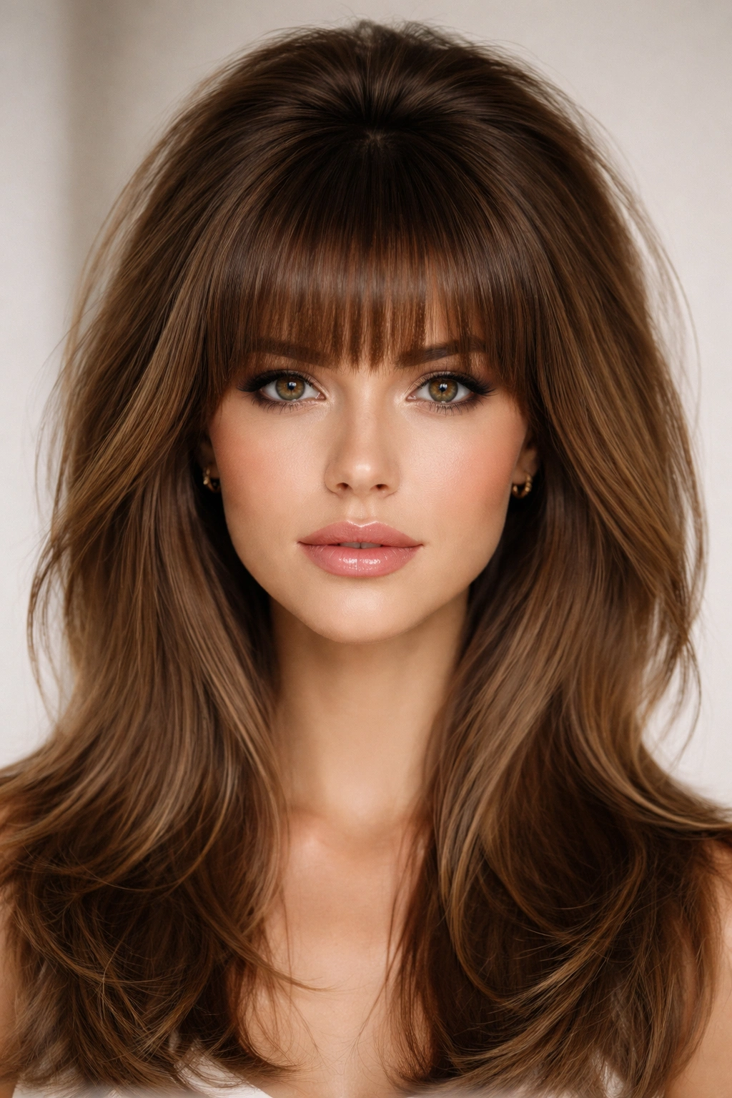 15 Haircuts Designed For Long And Narrow Faces 13 Close-up portrait showing blunt straight bangs and a voluminous crown