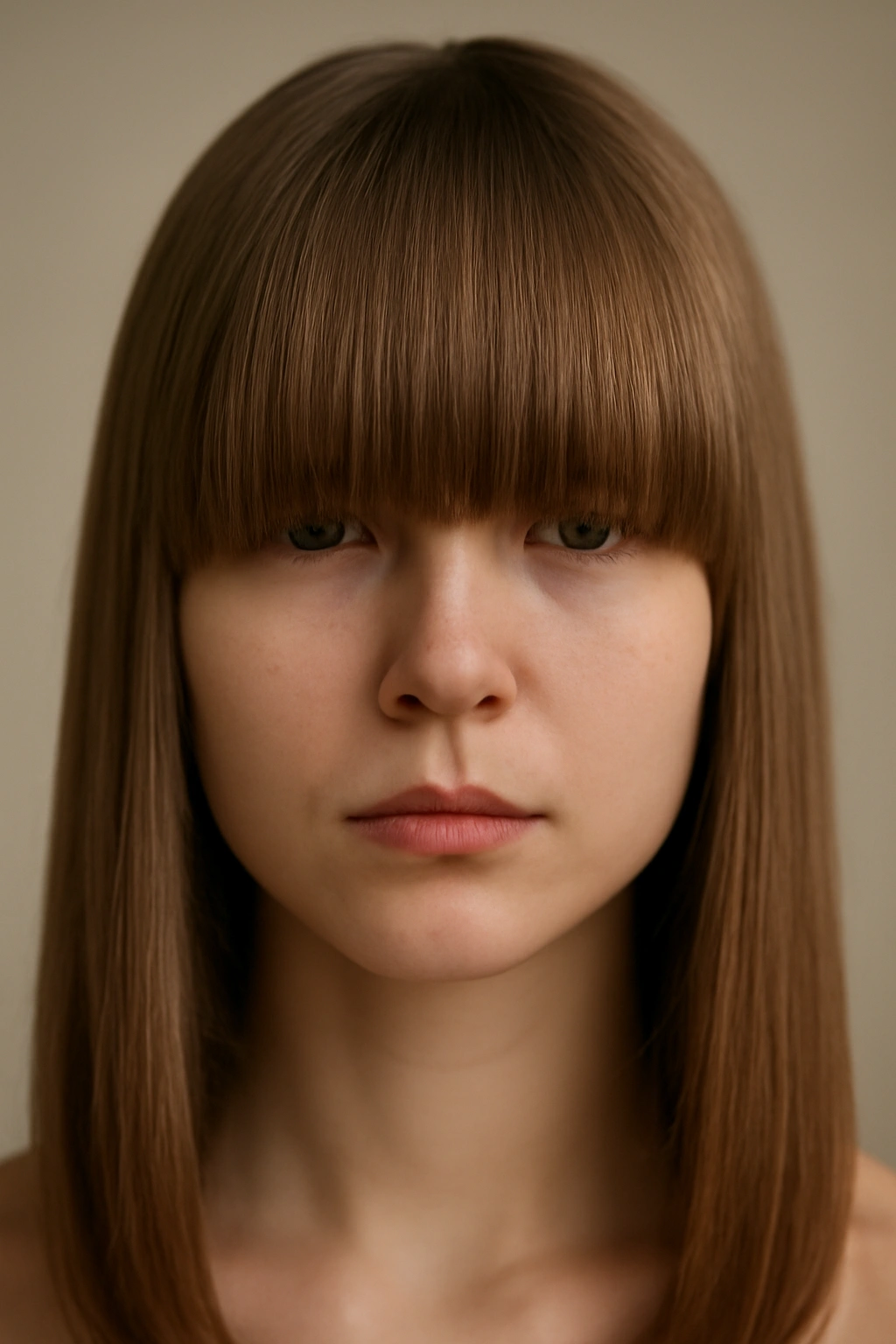 15 Wash and Wear Haircuts by Hair Texture 13 Close-up of blunt straight-across bangs on fine straight hair in a minimalist studio.