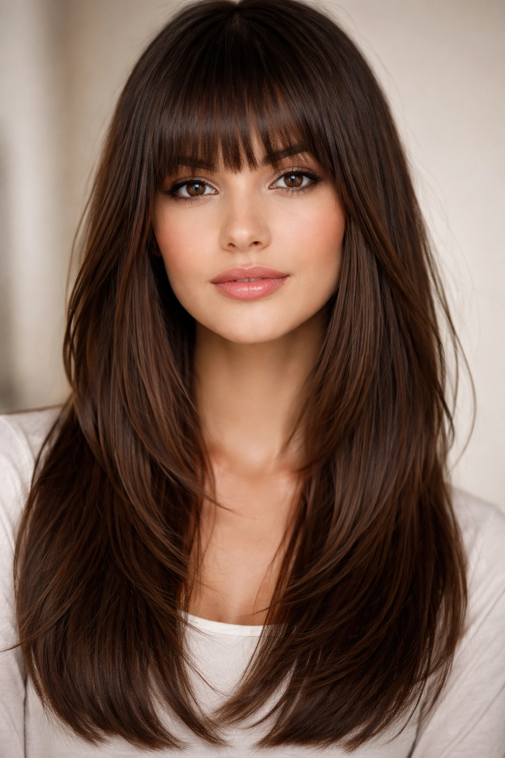 12 Short To Medium Straight Cuts That Look Clean 11 Straight bangs with long layers hairstyle front view