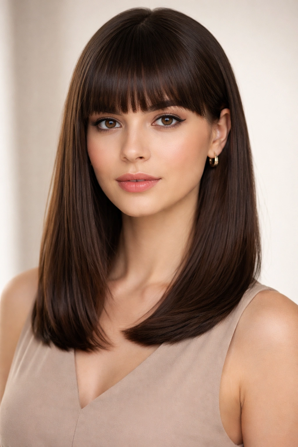 Close-up of a person with straight blunt bangs and medium-length sleek hair