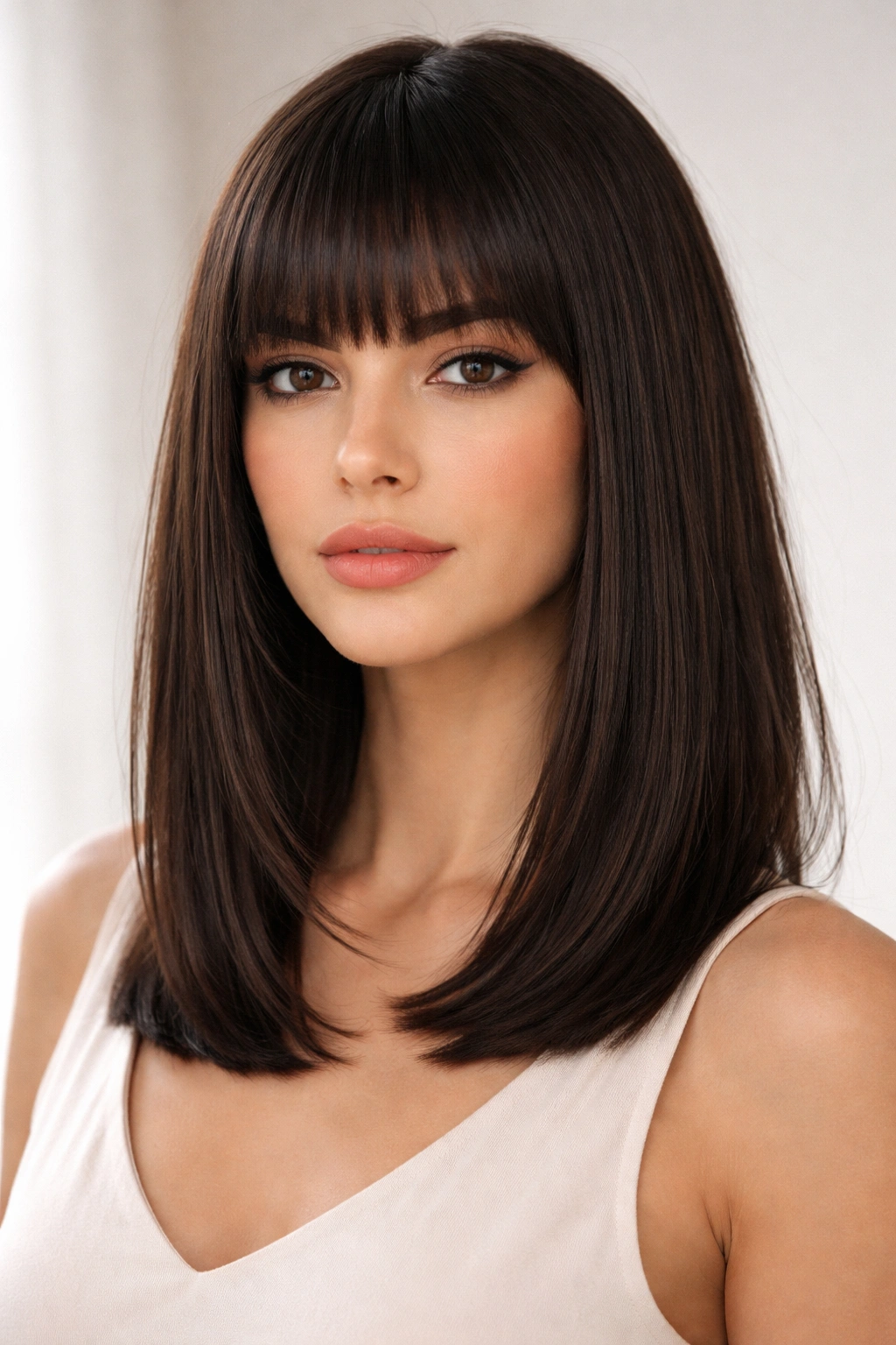 20 Shoulder Length Haircuts By Hair Type 3 Straight hair blunt cut with full bangs on shoulder-length style