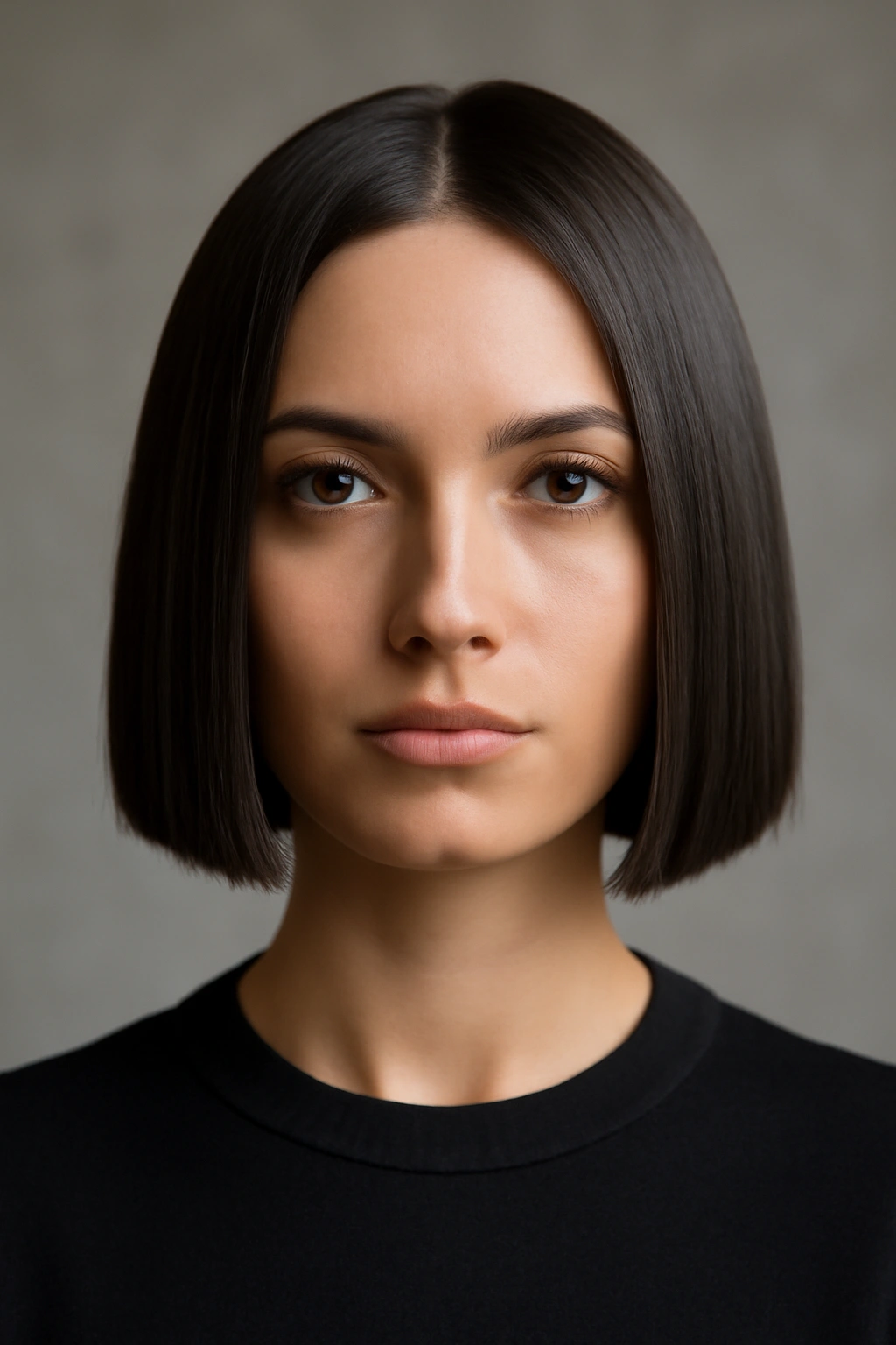 20 Short Bob Hairstyles You Can Style in Minutes 14 Frontal view of a straight blunt bob with razor-sharp lines
