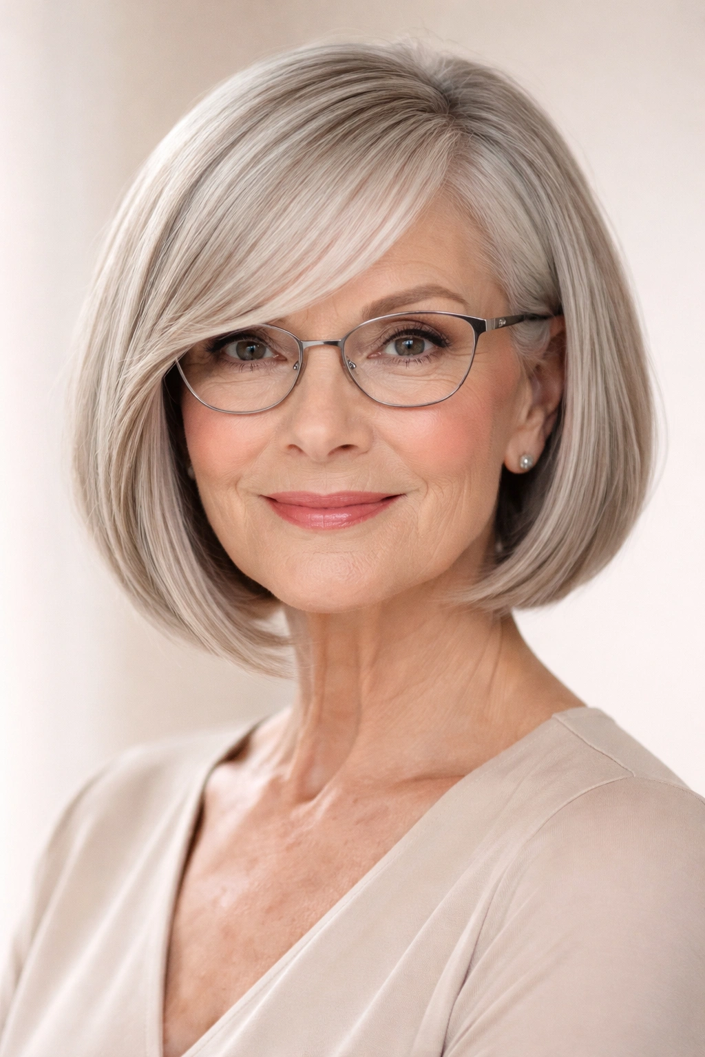 Close-up of a woman with a straight bob and side bangs
