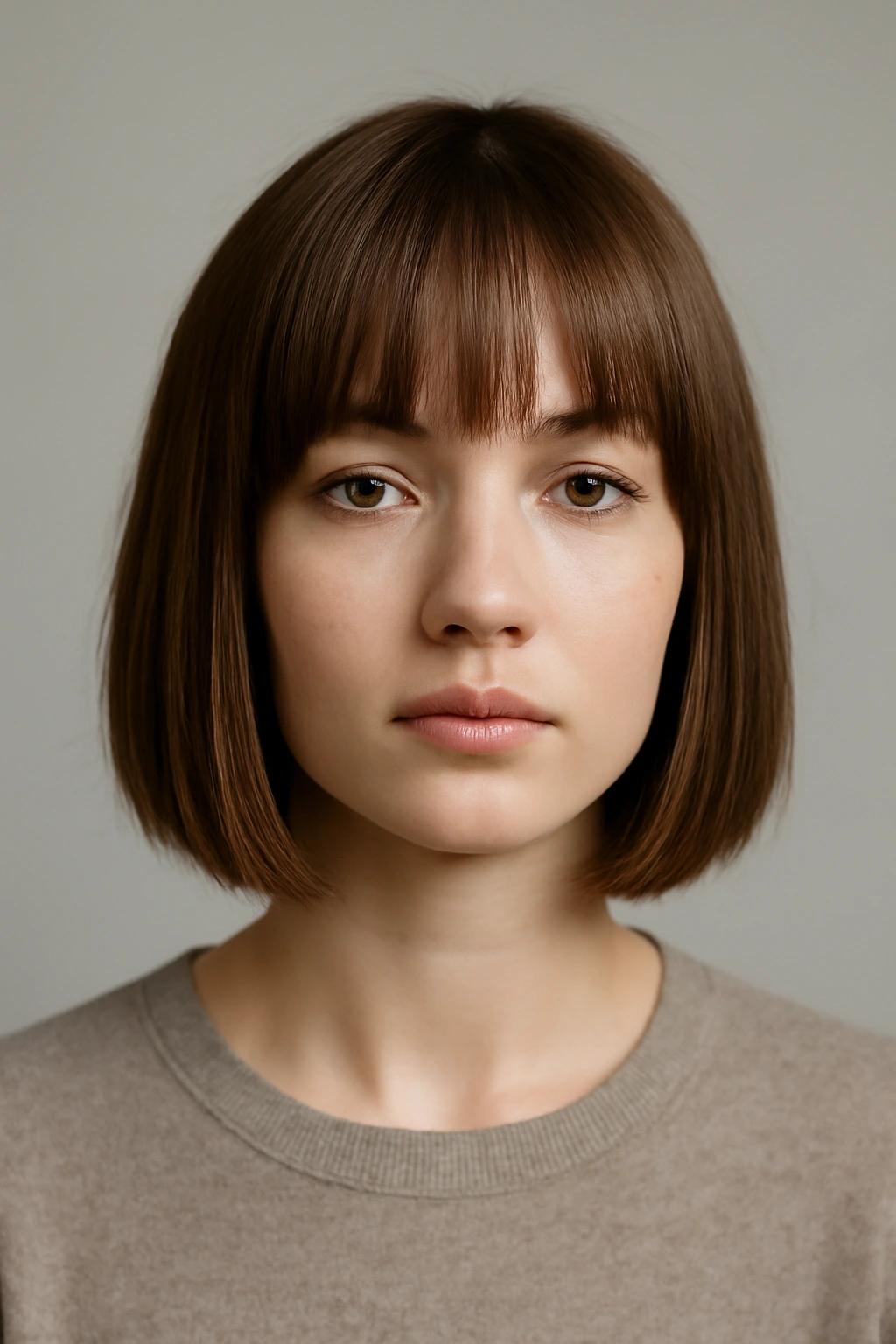 18 Short Bob Cuts For Fine And Thick Hair Alike 14 Model wearing a straight blunt bob with textured bangs under bright studio lighting