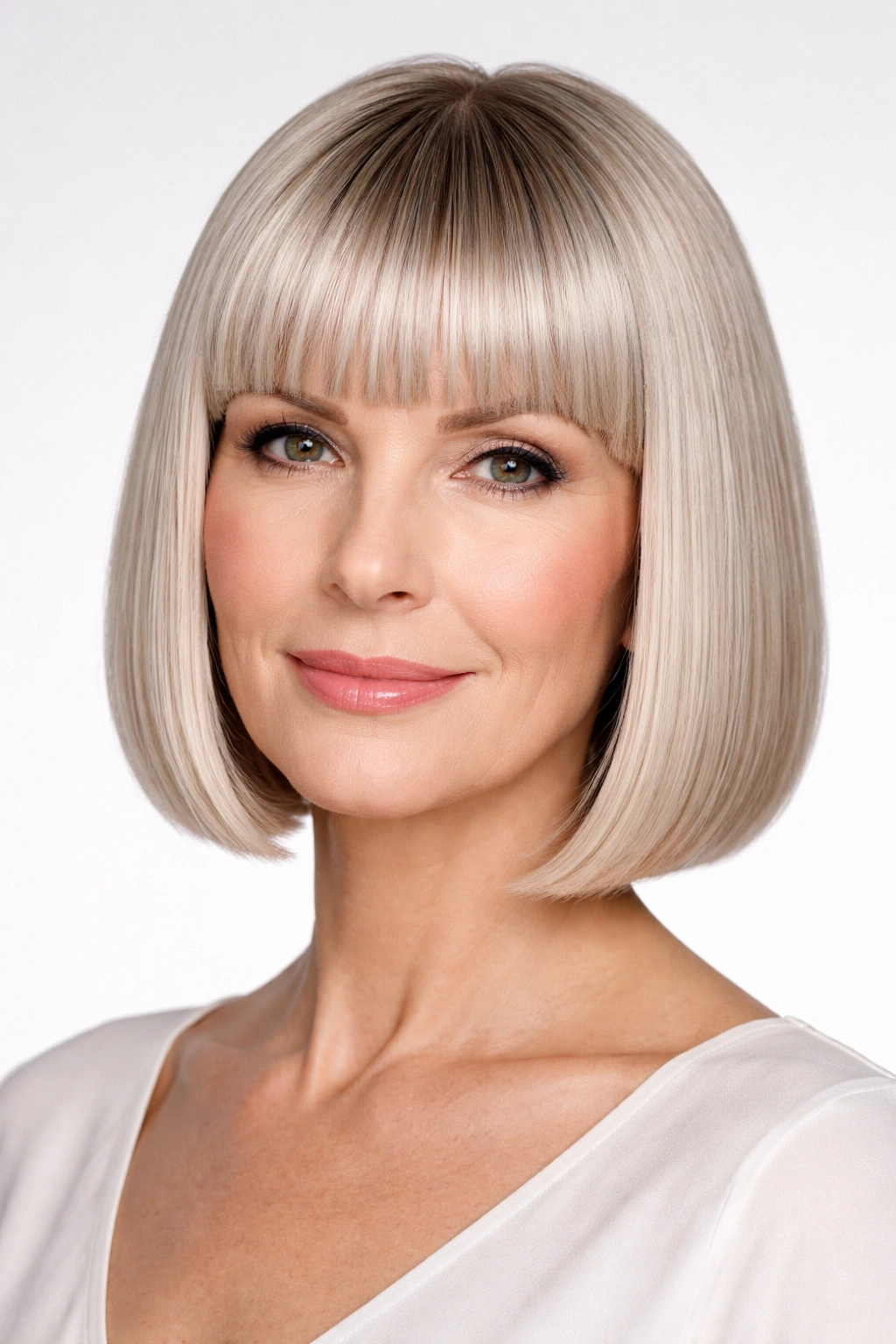 Straight bob with blunt bangs and crisp edge.