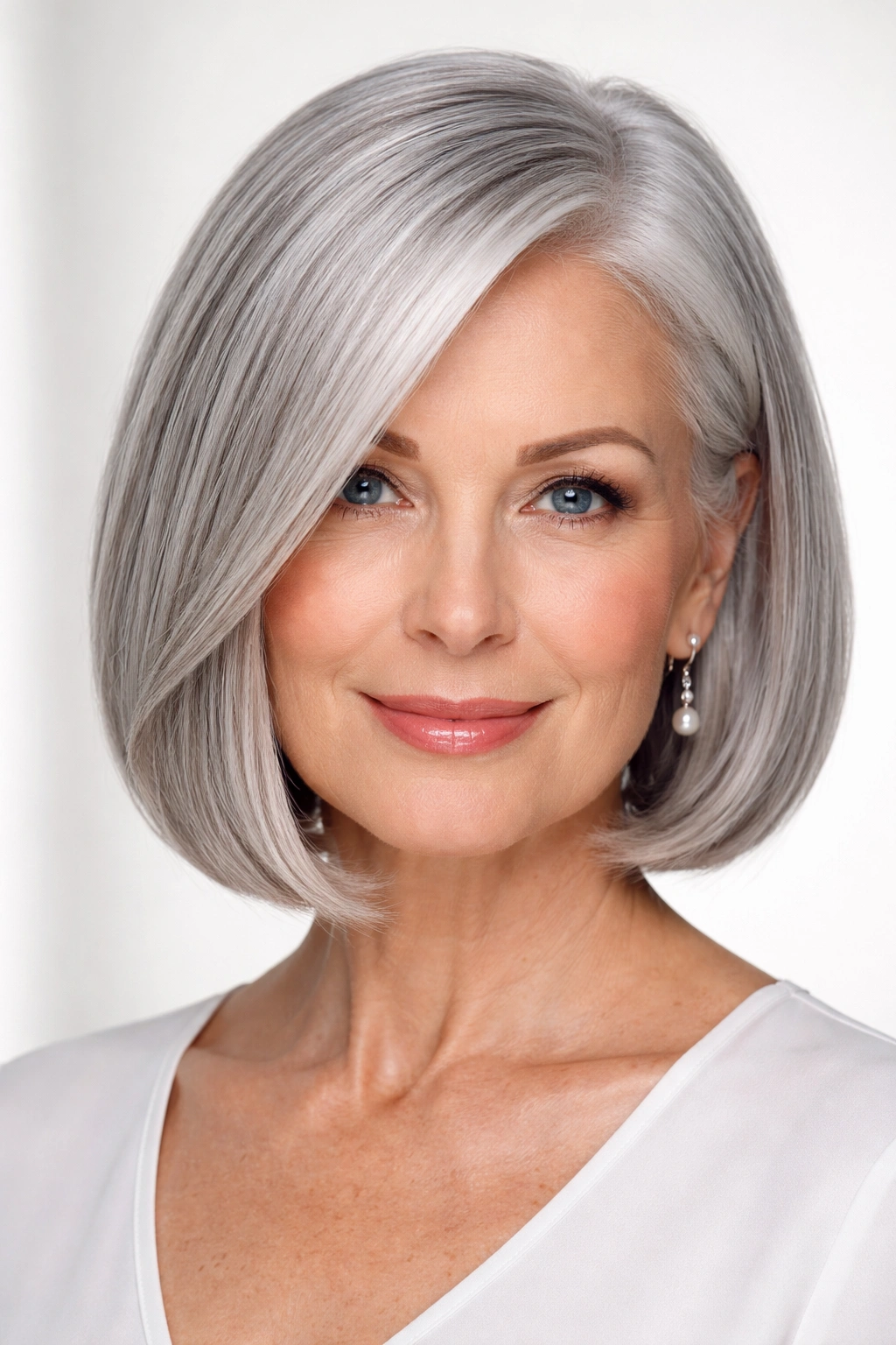 Blunt straight bob with side part on gray hair