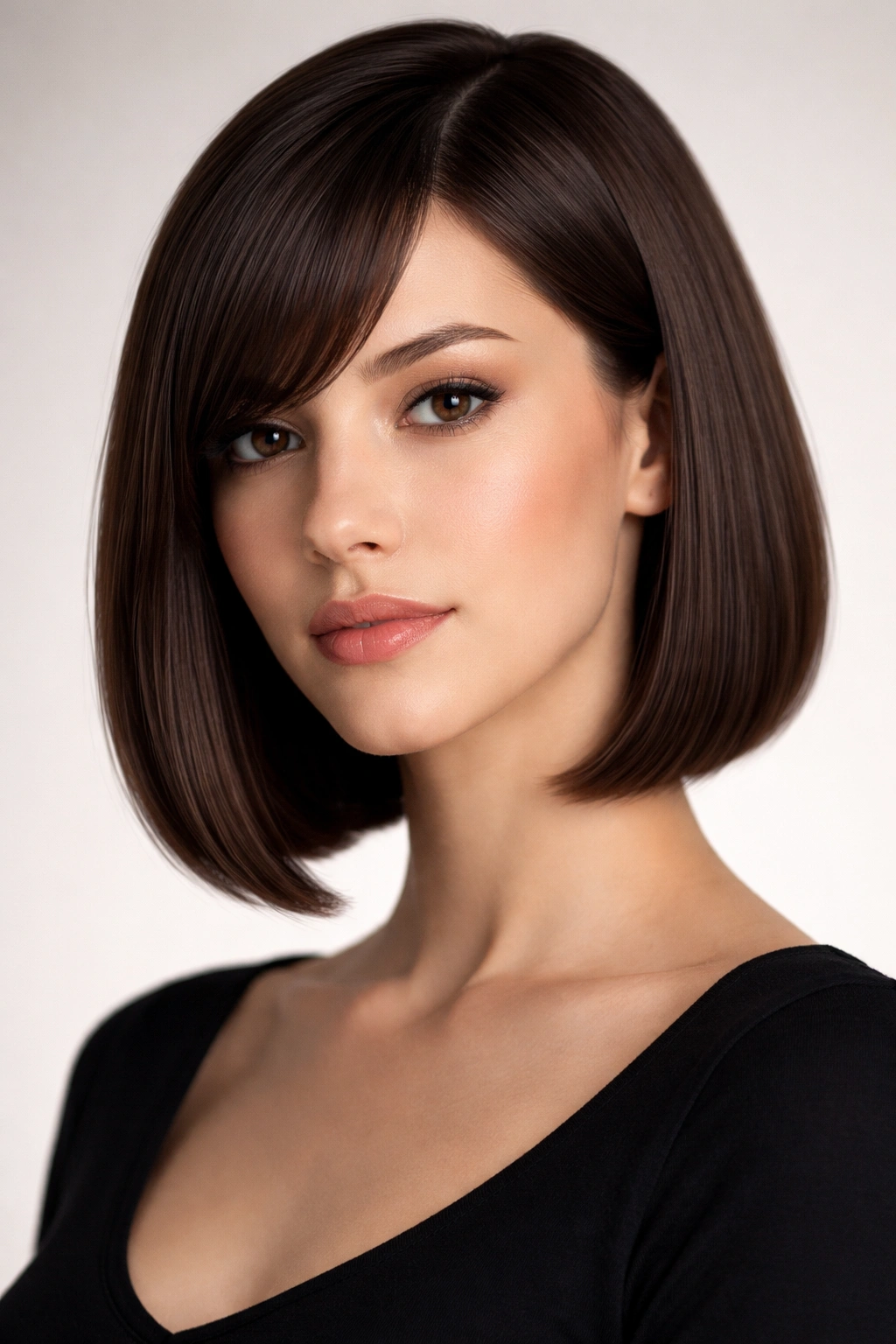 Portrait of a model with a straight blunt bob and side-part bangs suitable for an oblong face