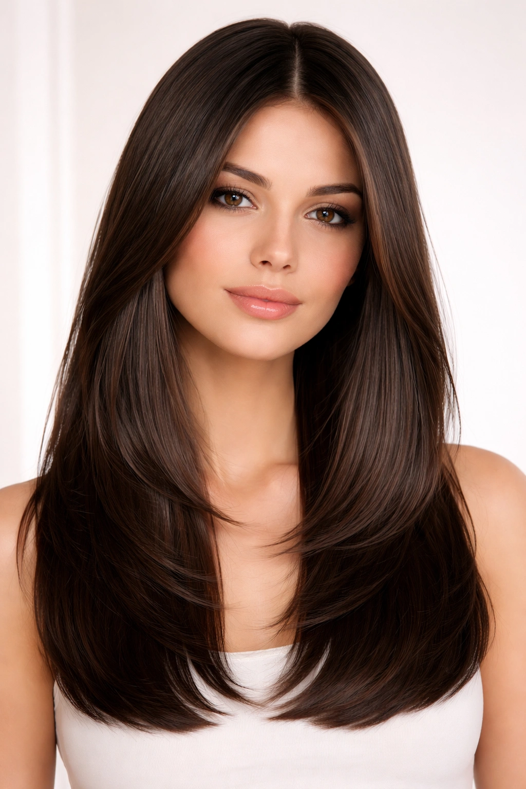 12 Butterfly Haircuts For Medium Length Layers 6 Portrait of a model with Straight-Haired Butterfly Cut showing crisp, geometric lines
