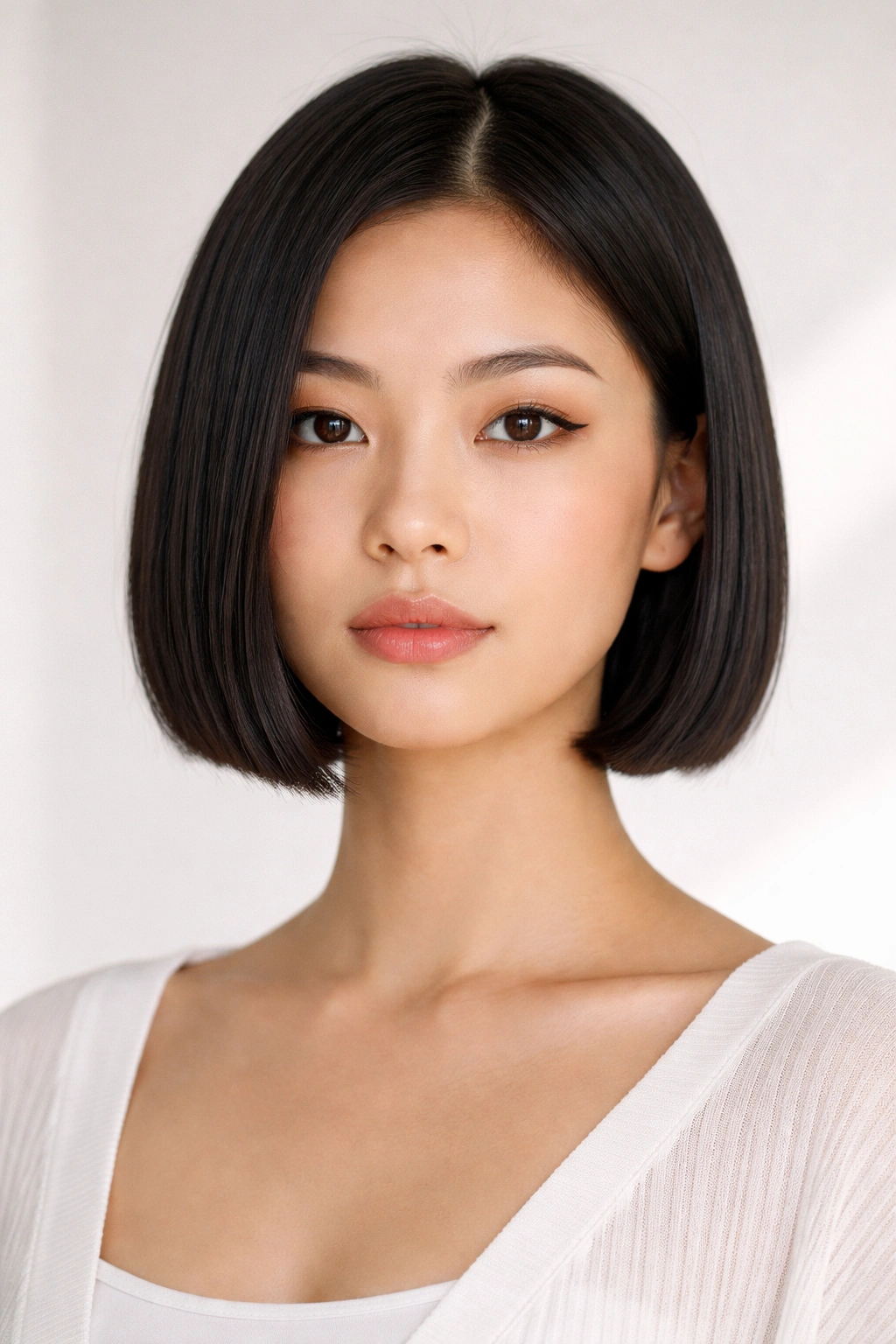 Model with straight chin-length bob showing clean lines and chin-level cut.