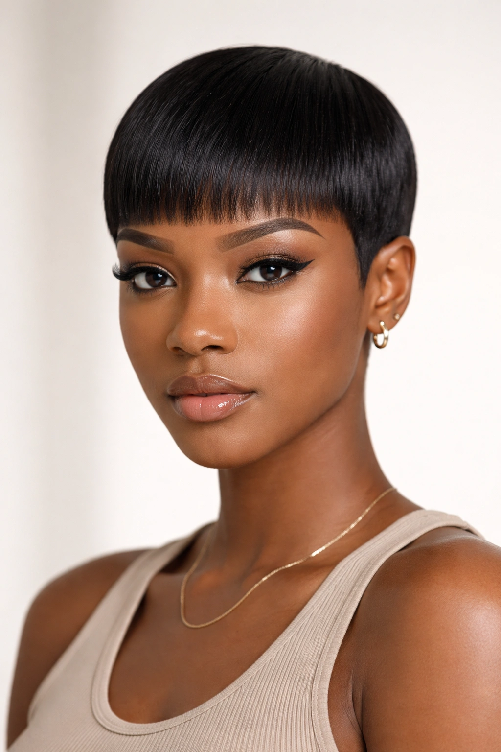Portrait of a person with a straight cropped weave, uniform short length