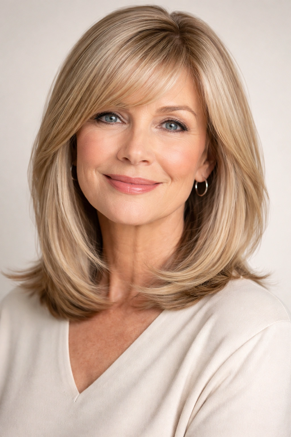 Straight-cut shoulder-length hairstyle with side-swept bangs, polished and sleek