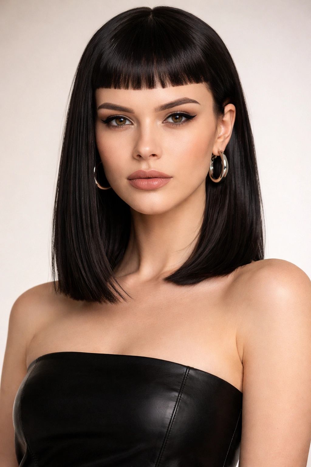 Model with straight shoulder-length hair and micro-bangs