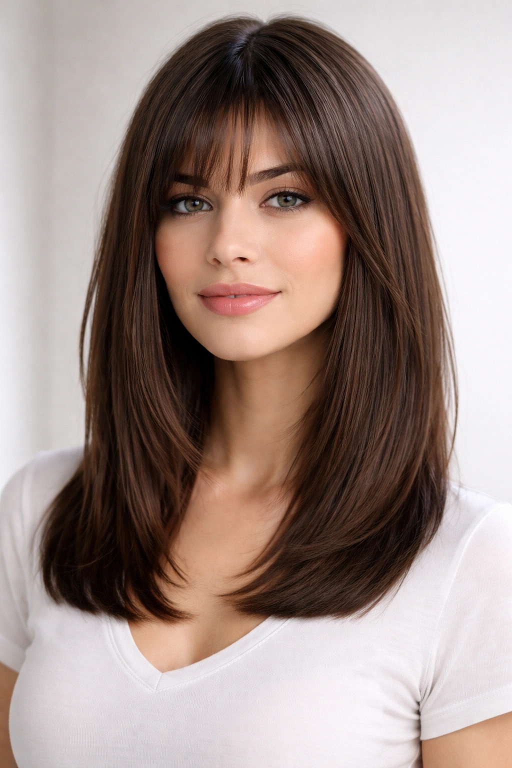 Classic straight shoulder-length hair with long curtain bangs, sleek and polished.