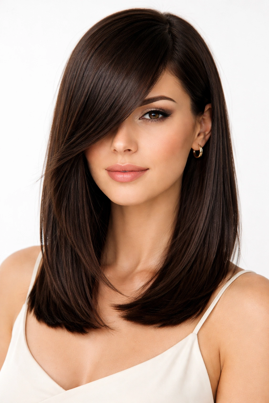 Straight sleek medium-length hair with blunt long side bangs