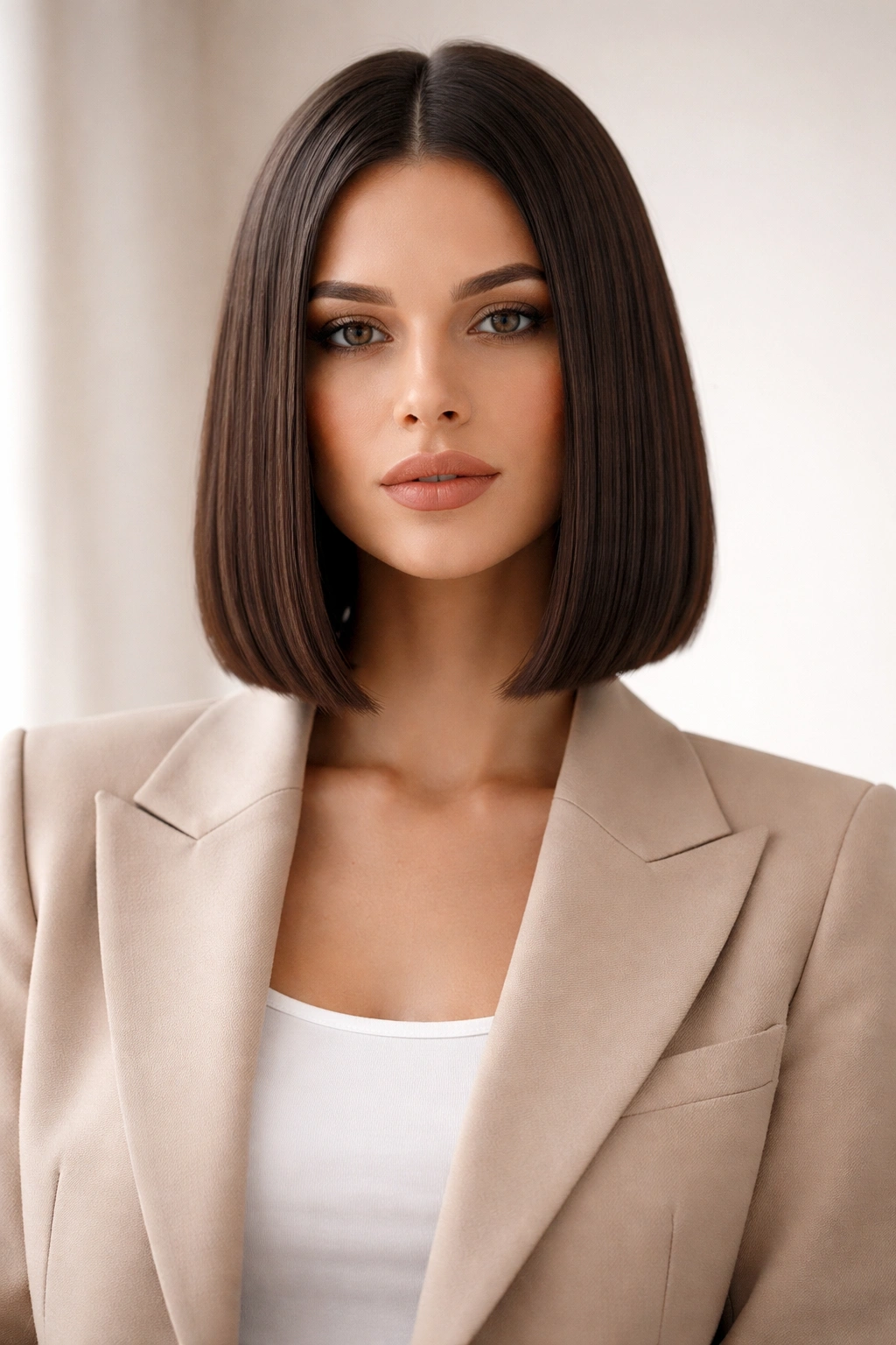 Straight hair with a blunt bob highlighting sharp cut lines