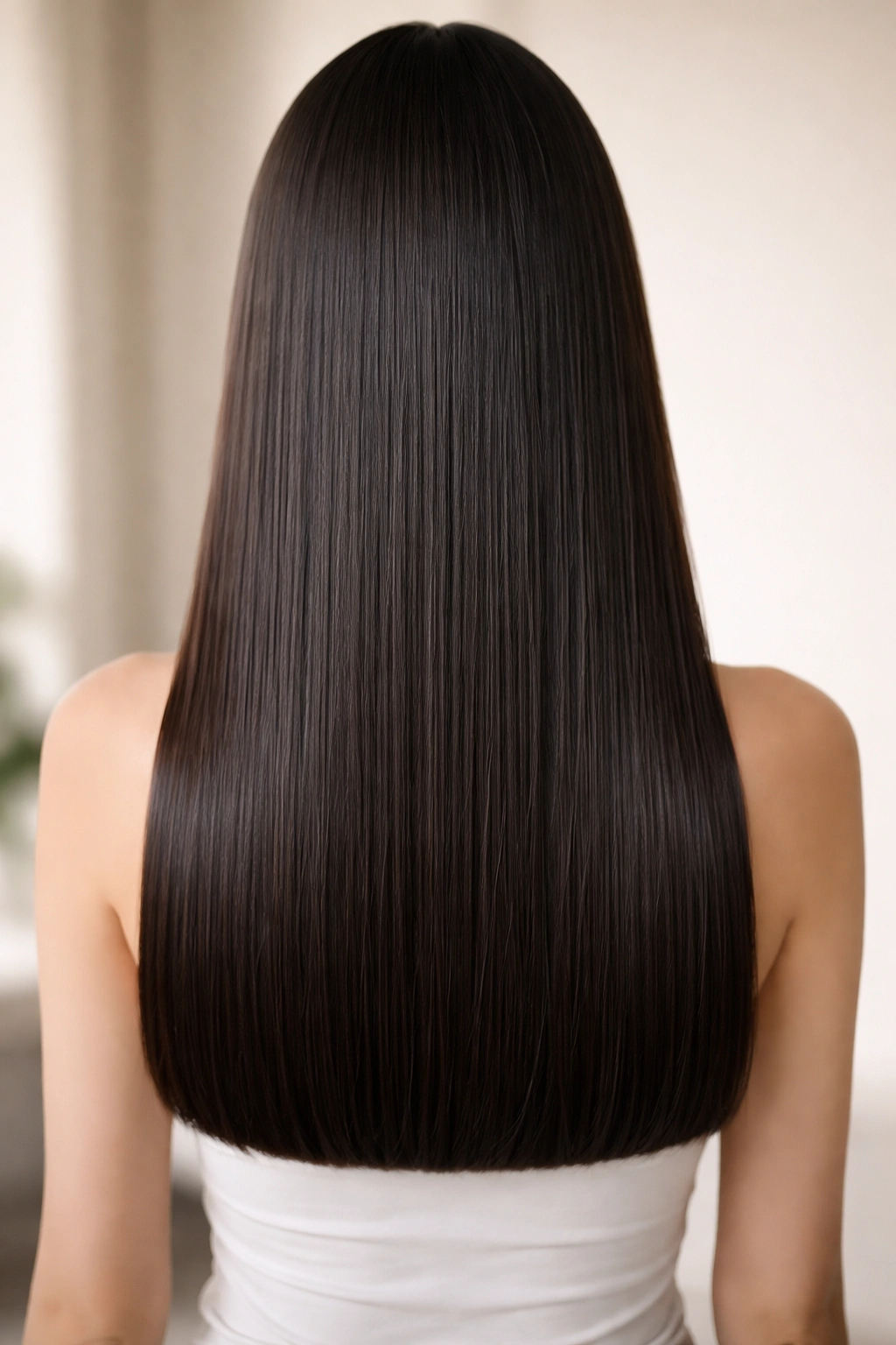 25 Long Haircuts For Women With Every Hair Type 15 Close-up of sleek straight-across long cut with blunt edge, glossy finish