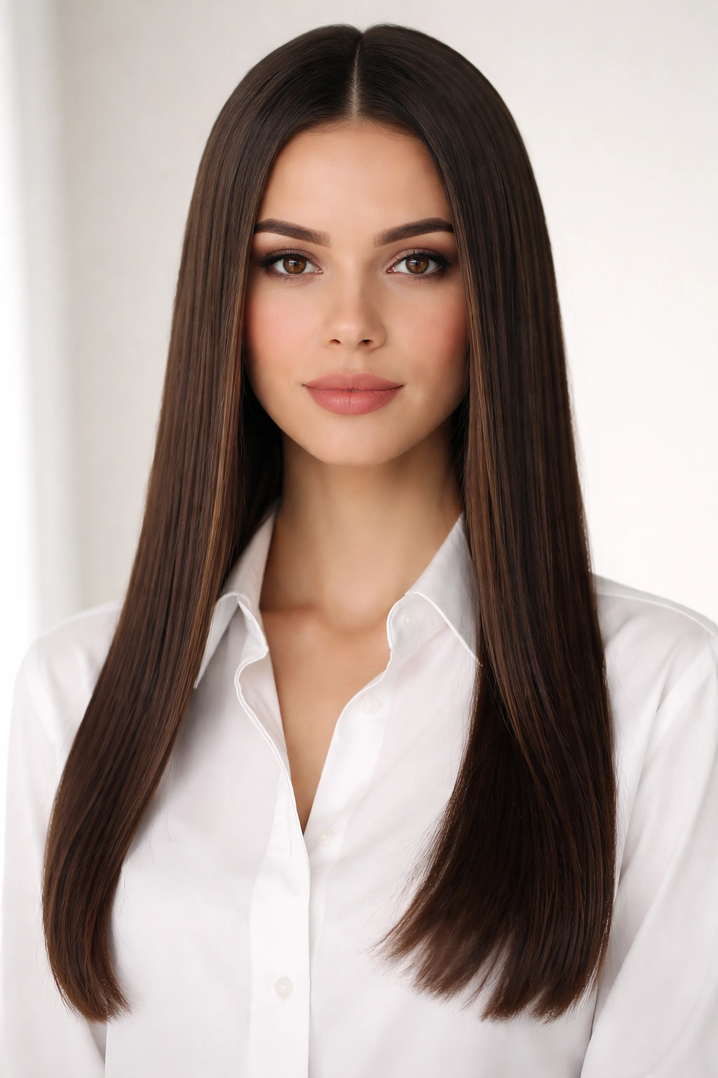Straight hair with center part and button-down collar
