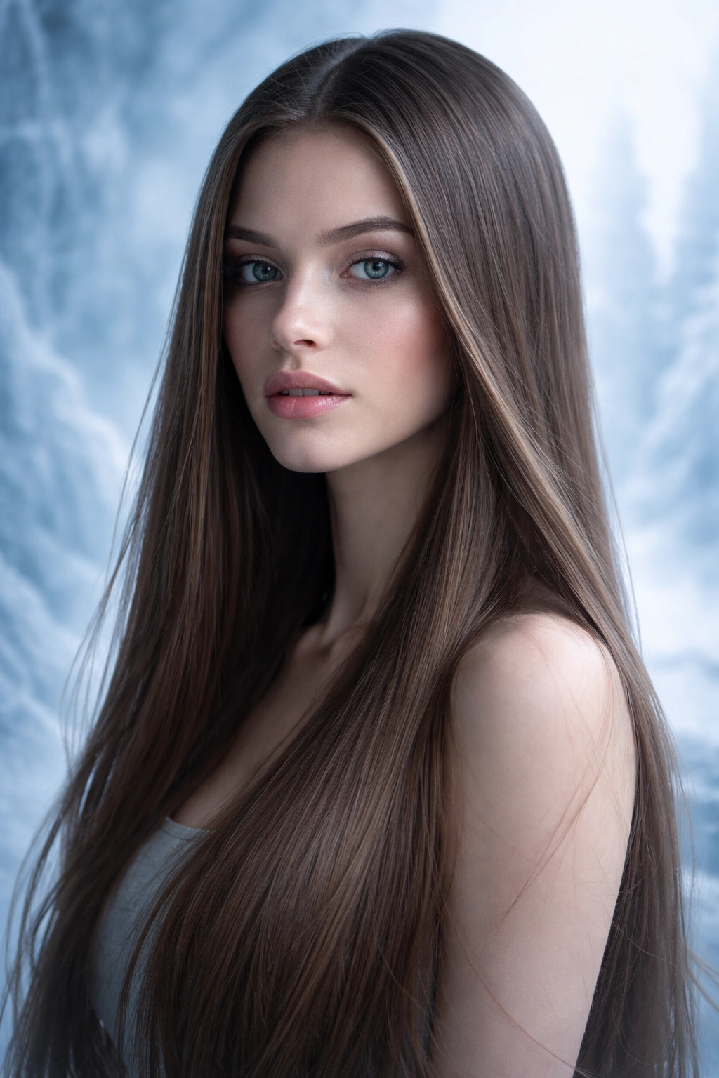 Person with straight hair in icy studio setting representing evolutionary adaptation