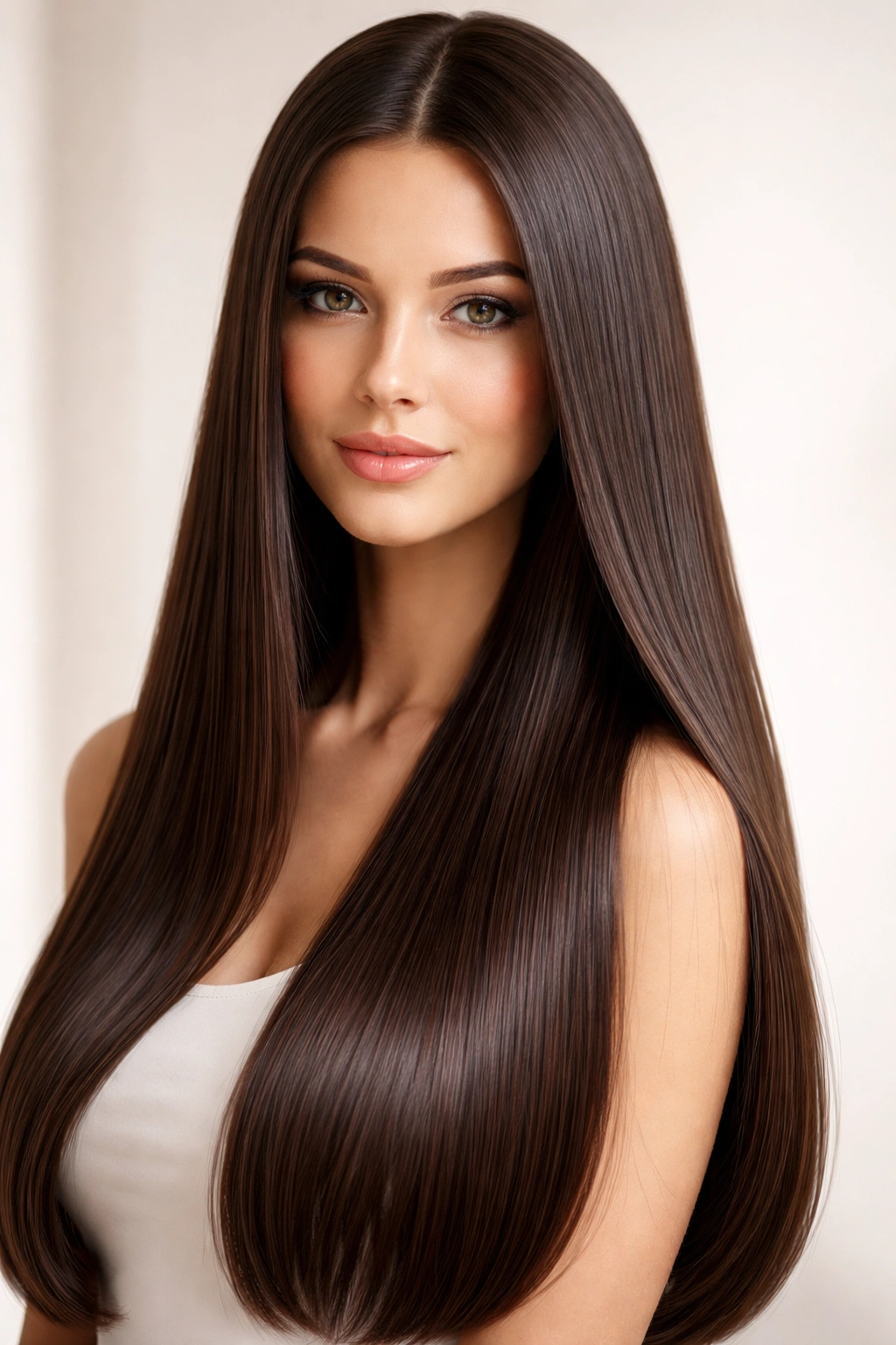 Close-up of long straight glossy hair with smooth texture and shine